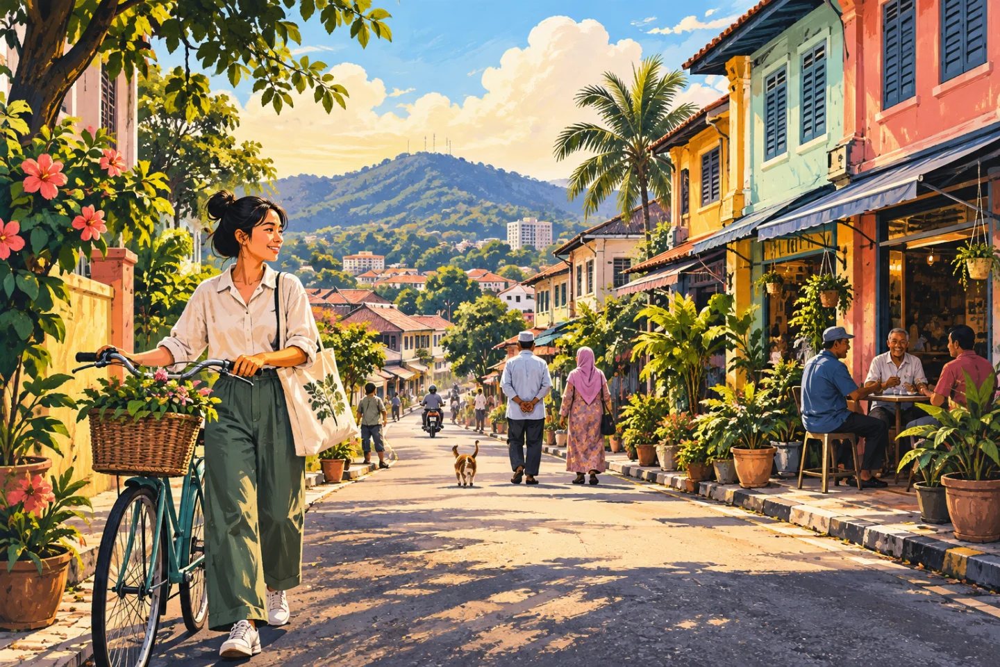 An original illustration of a friendly Malaysian neighbourhood