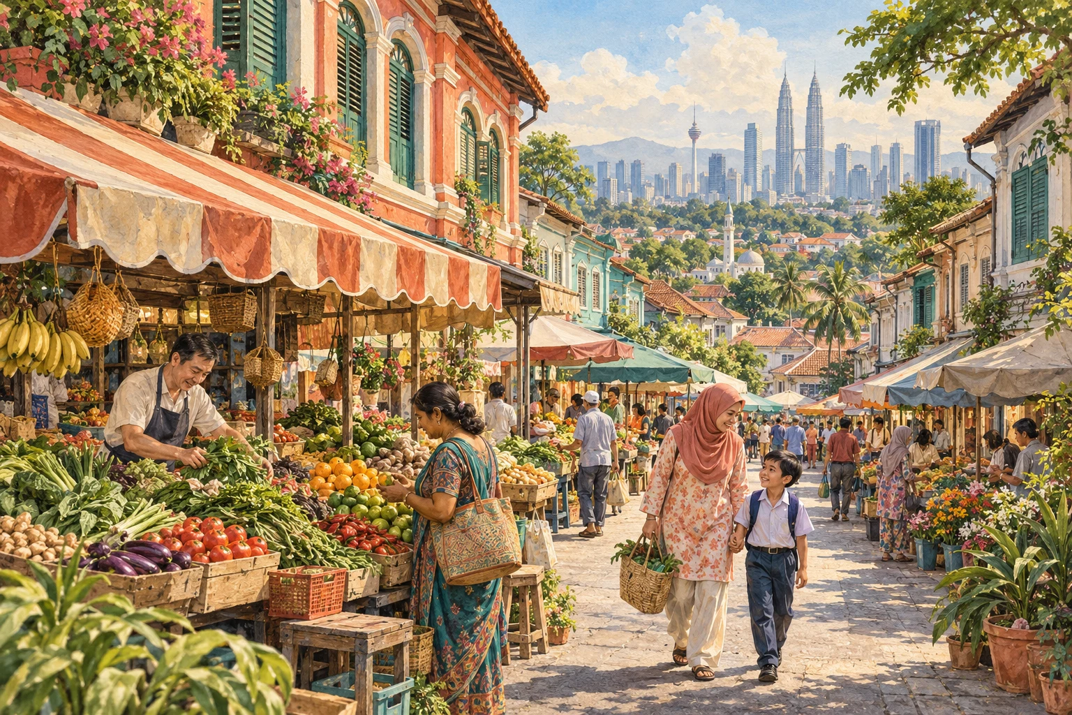 Painted illustration of a Malaysian neighbourhood market, with families, local traders and the Kuala Lumpur skyline.
