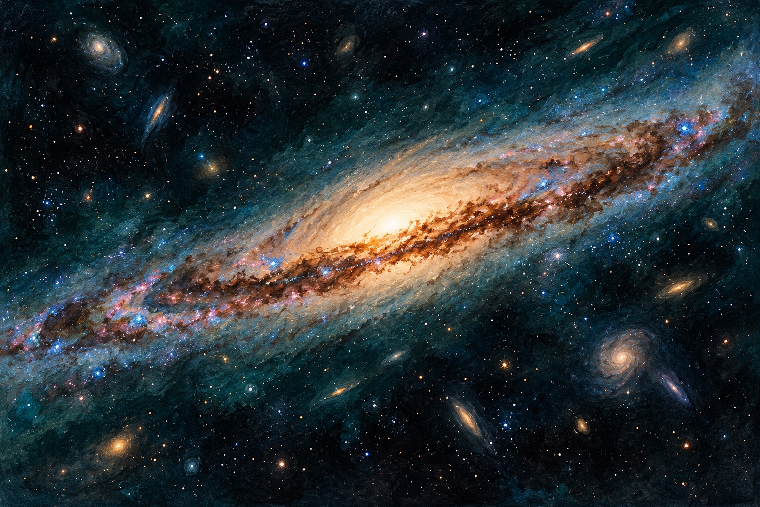 Conceptual editorial illustration of A sweeping oblique conceptual view of a thin edge-on spiral galaxy across deep teal-black space, a luminous cream central bulge crossed by rust-brown painted dust and small blue star-forming knots, tiny distant galaxies behind. · AI-generated editorial illustration.