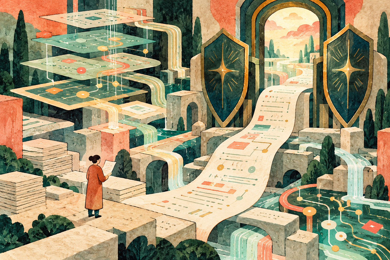 Conceptual gouache illustration of a luminous AI workbench with layered code paths and a guarded doorway; no product logo. · AI-generated editorial illustration.