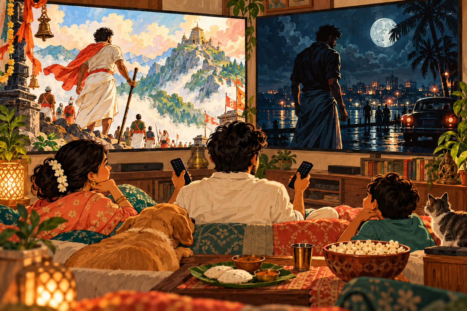 Conceptual editorial illustration of two distinct cinema screens and viewers choosing a Telugu or Tamil film, without copying film posters. · AI-generated editorial illustration.