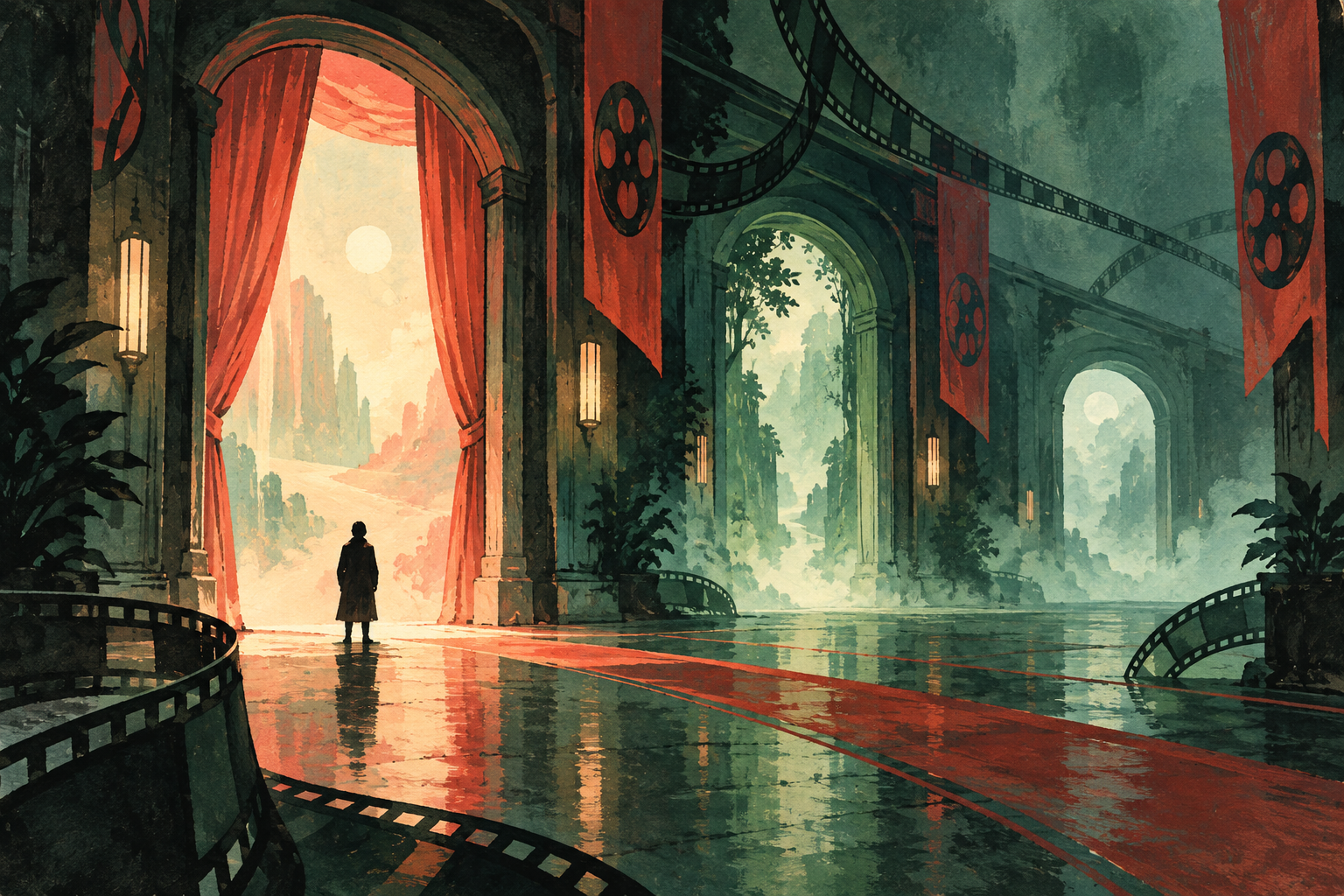 Conceptual painted cinema corridor with a lone silhouetted figure and three distant doors; no actor likeness or official film art. · AI-generated editorial illustration.