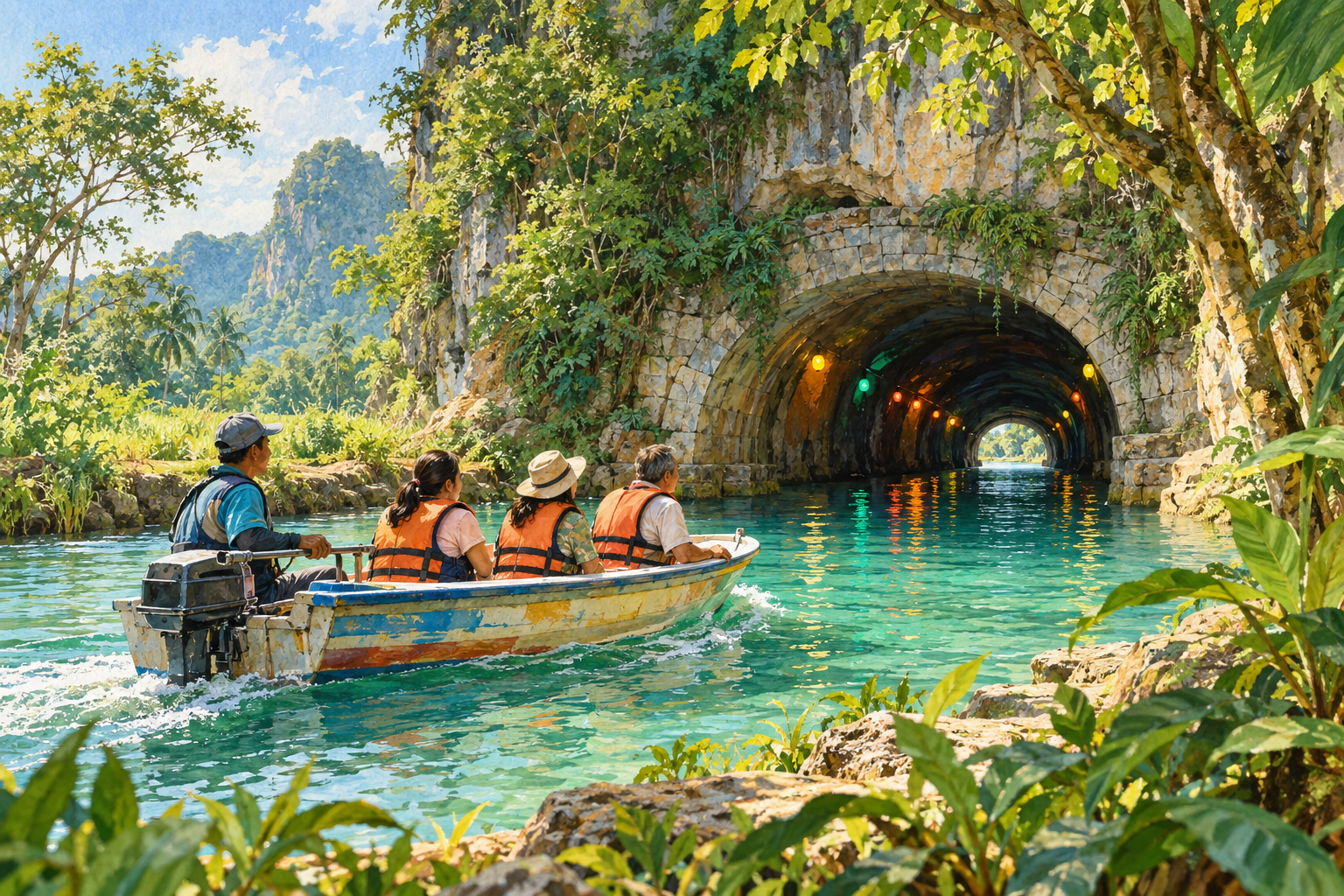A conceptual painted scene of a local boat outing approaching a canal tunnel in Perlis; not a photograph or an engineering reconstruction. · AI-generated editorial illustration.