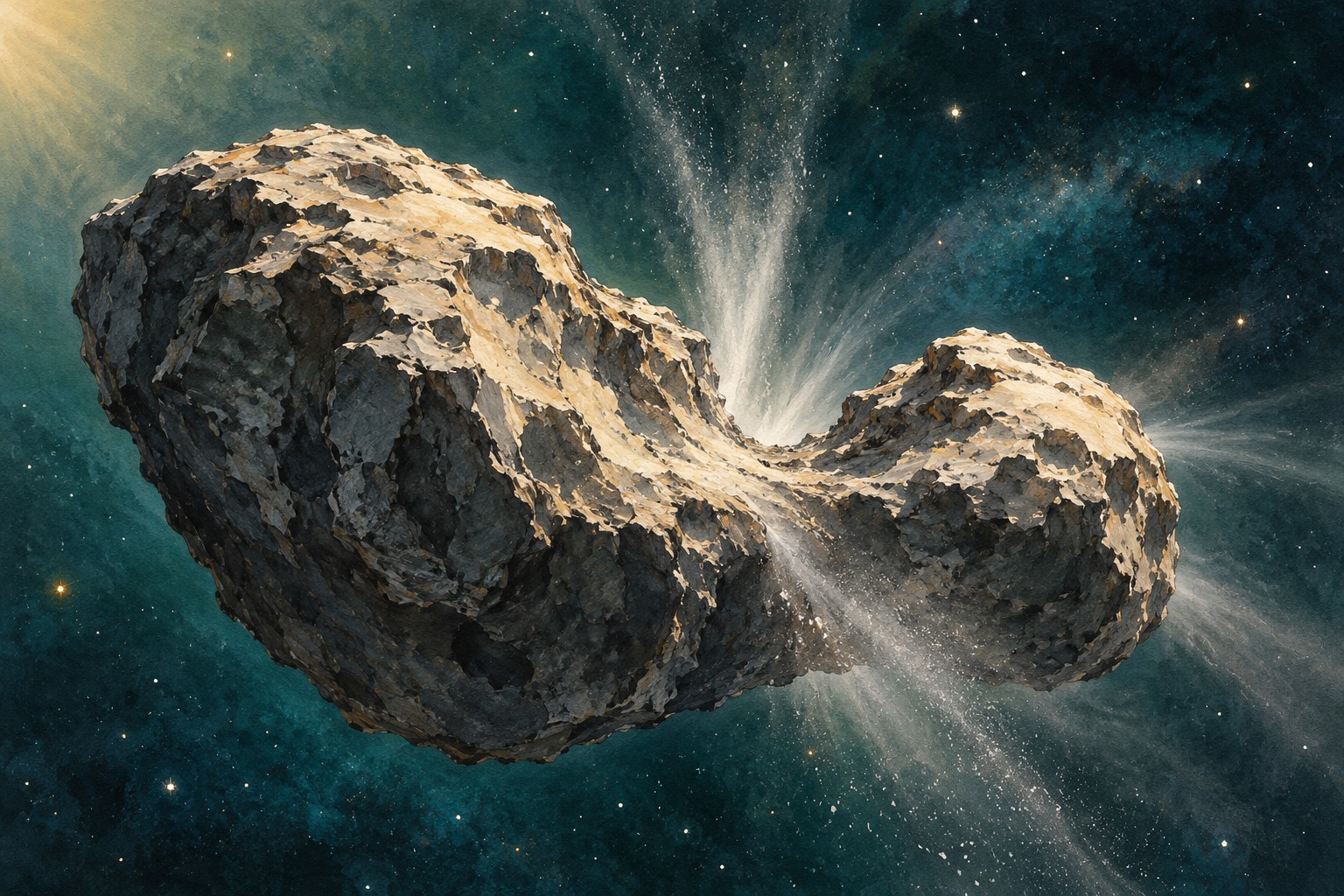 Conceptual illustration of comet 67P; this is not the original Rosetta image or a 3D anaglyph. · AI-generated editorial illustration.