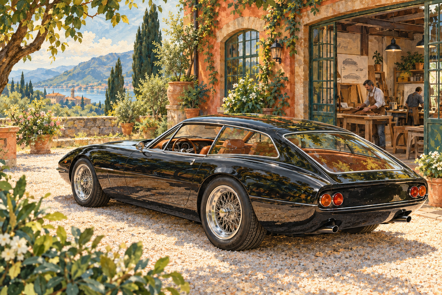A conceptual painted interpretation of a bespoke long-roof sports car; not a photograph of the auction vehicle. · AI-generated editorial illustration.