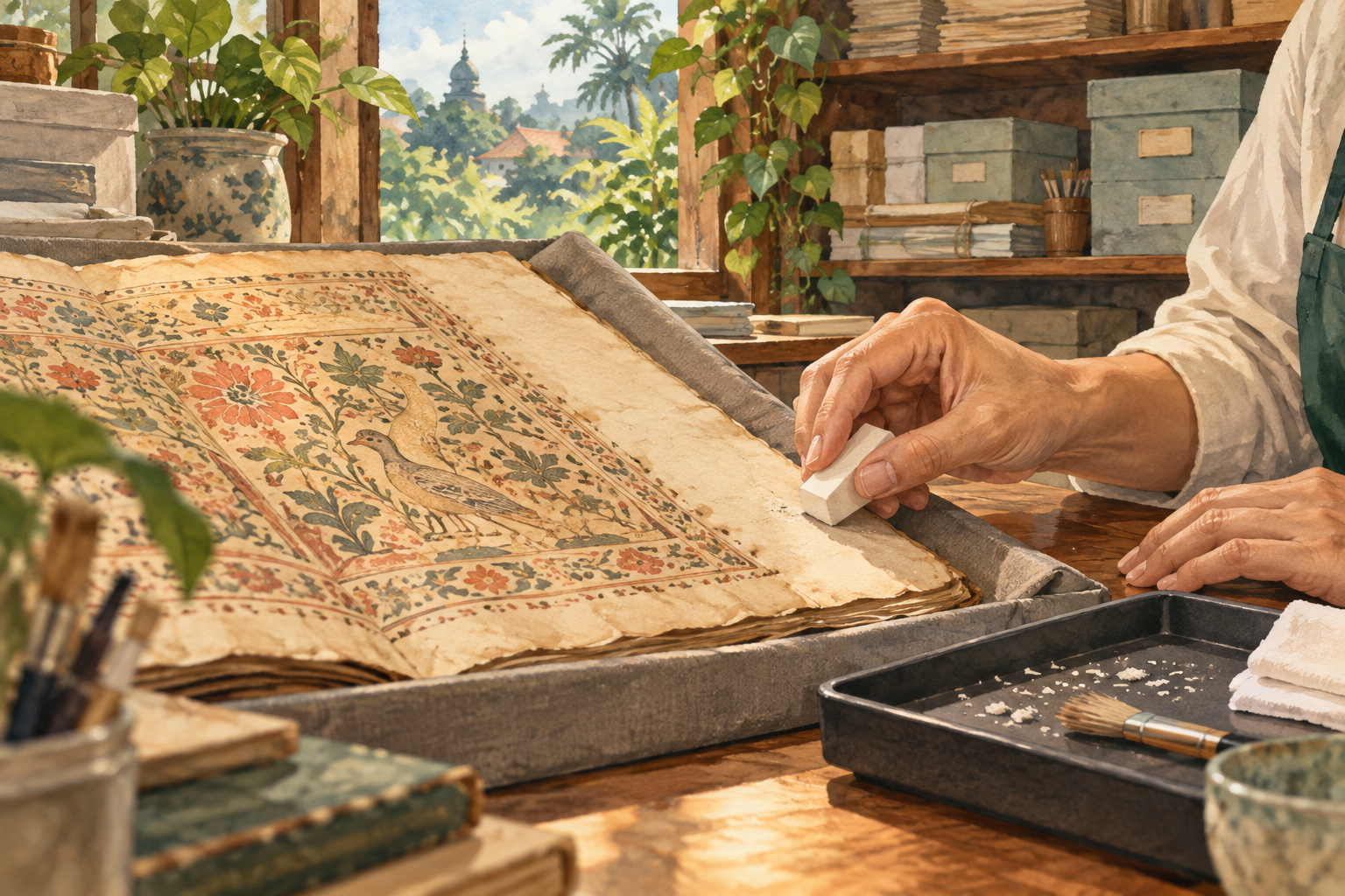 A conceptual painted conservation desk with parchment and a soft eraser; not a photograph of the York Gospels or a laboratory result. · AI-generated editorial illustration.