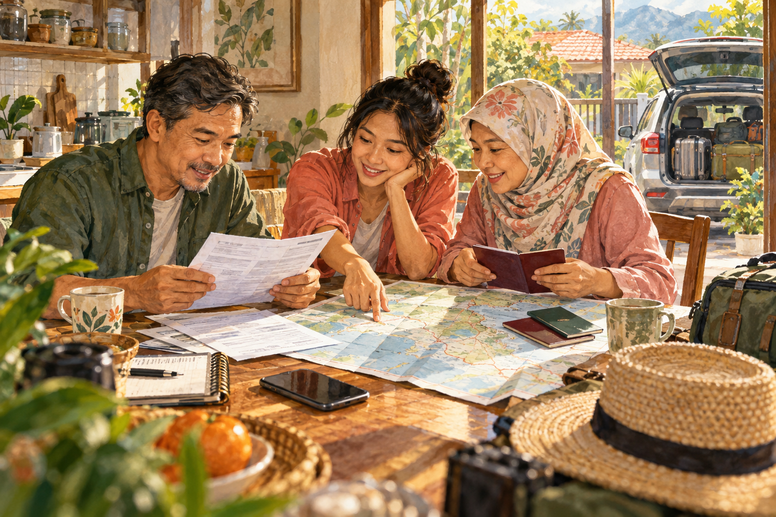 AI-generated conceptual illustration of a Malaysian family checking car-insurance papers before a southern Thailand road trip; no real person is depicted. · AI-generated editorial illustration.