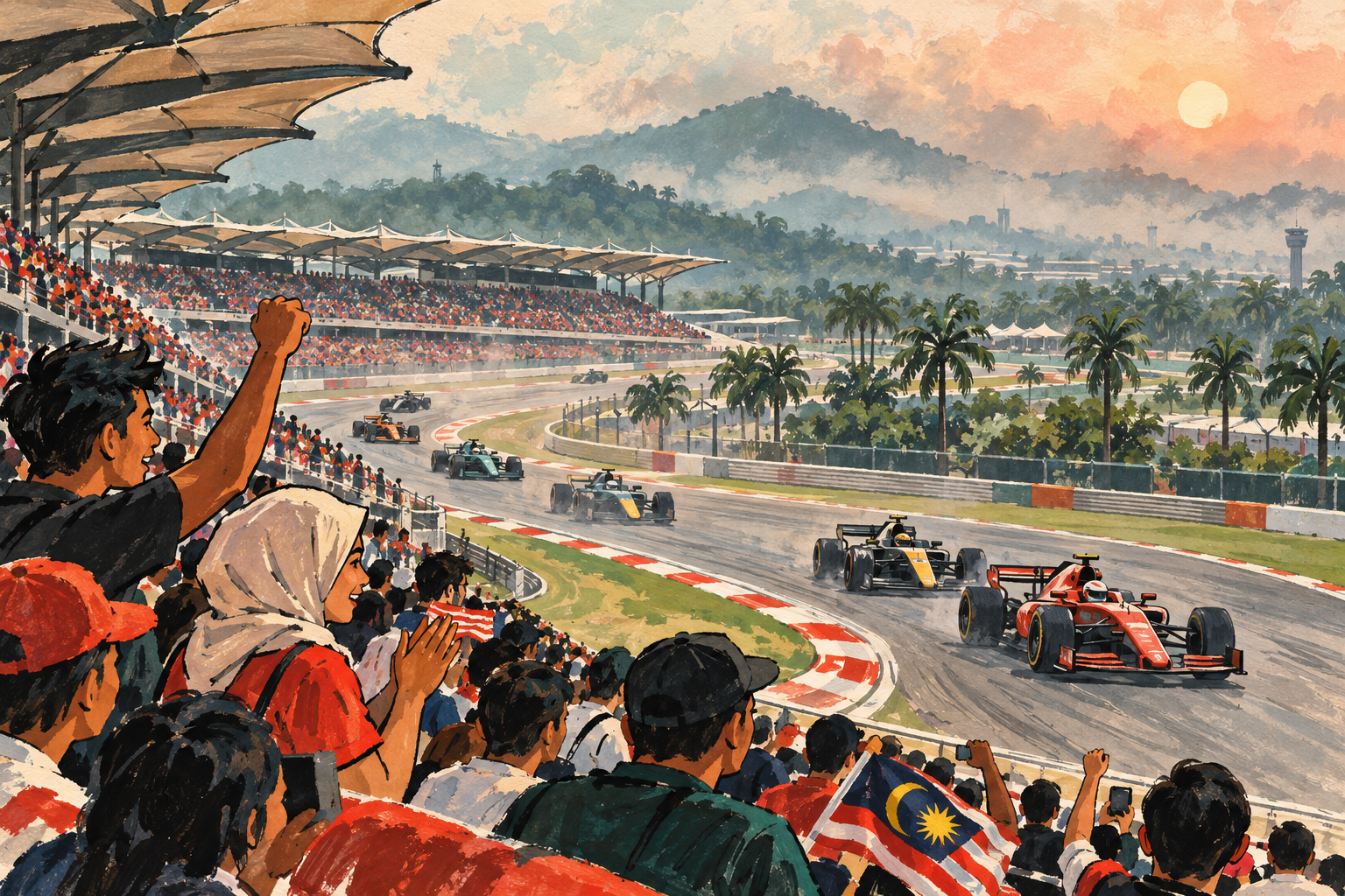 Conceptual painted scene of Sepang's race circuit, a packed grandstand and a hazy sky; not a photograph of the 2026 event. · AI-generated editorial illustration.