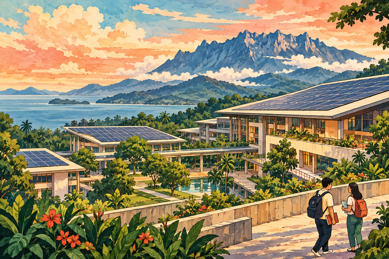 Conceptual editorial painting of solar panels on a Sabah university campus in warm light. · AI-generated editorial illustration.