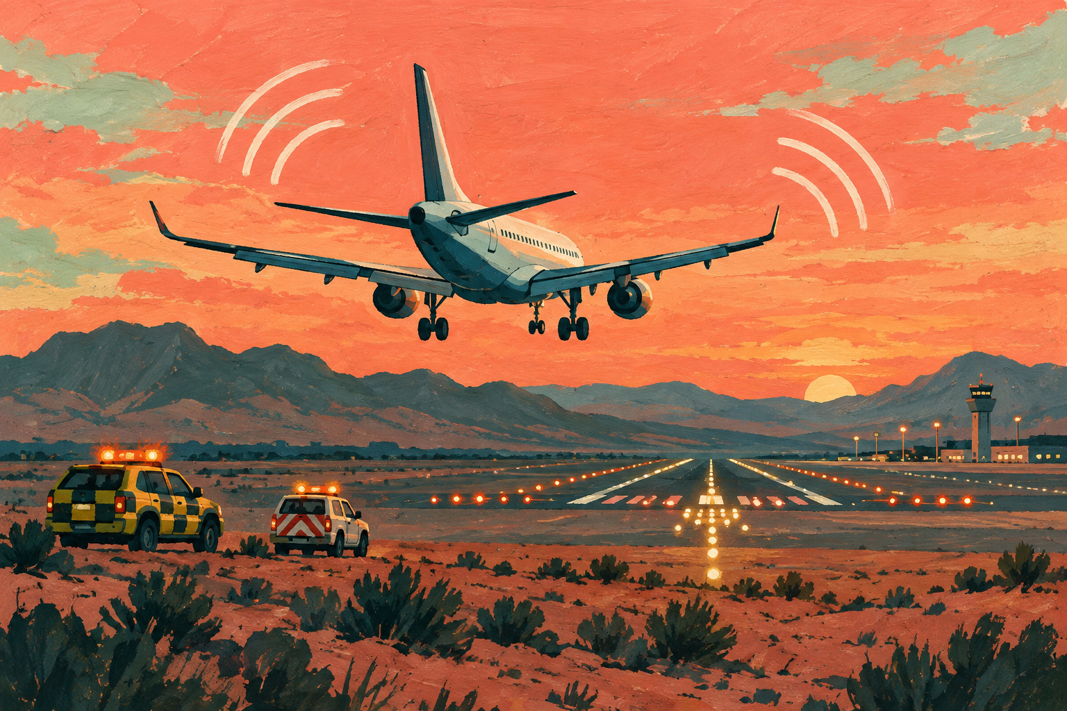Symbolic painted editorial illustration of an airliner approaching a runway and emergency radio signals; no depiction of the disputed cockpit events. · AI-generated editorial illustration.