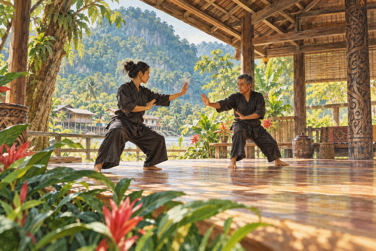 Gambaran konsep latihan seni bela diri tradisional di ruang komuniti Sarawak, bukan rakaman peserta atau pertandingan sebenar. · AI-generated editorial illustration.
