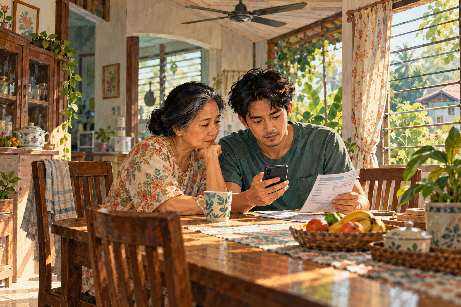 Conceptual painted editorial scene of a Malaysian household checking an electricity bill; figures and bill text are illustrative. · AI-generated editorial illustration.