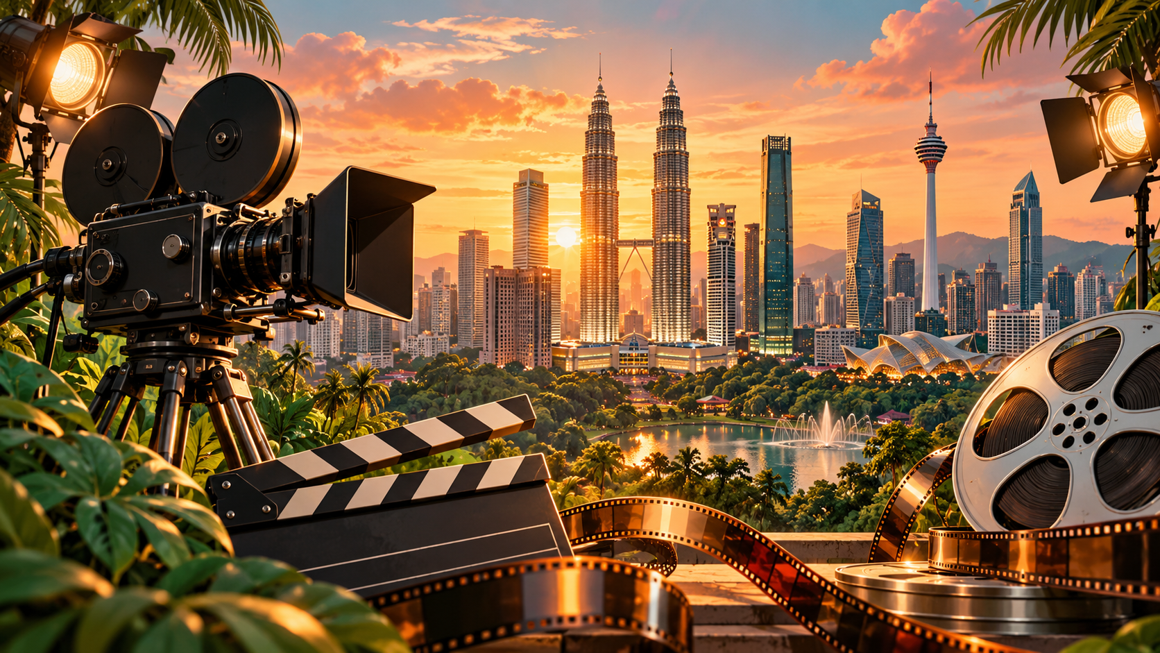 Ilustrasi editorial janaan AI tentang kamera filem dan latar bandar Kuala Lumpur. · AI-generated editorial illustration.