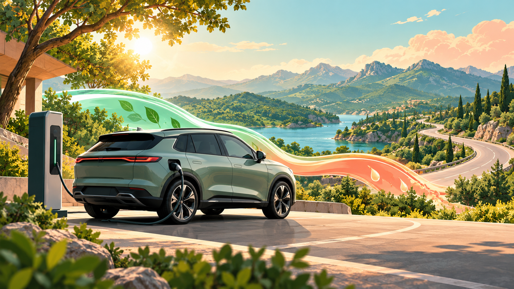 Ilustrasi editorial janaan AI tentang SUV plug-in hybrid dan dua sumber tenaga. · AI-generated editorial illustration.