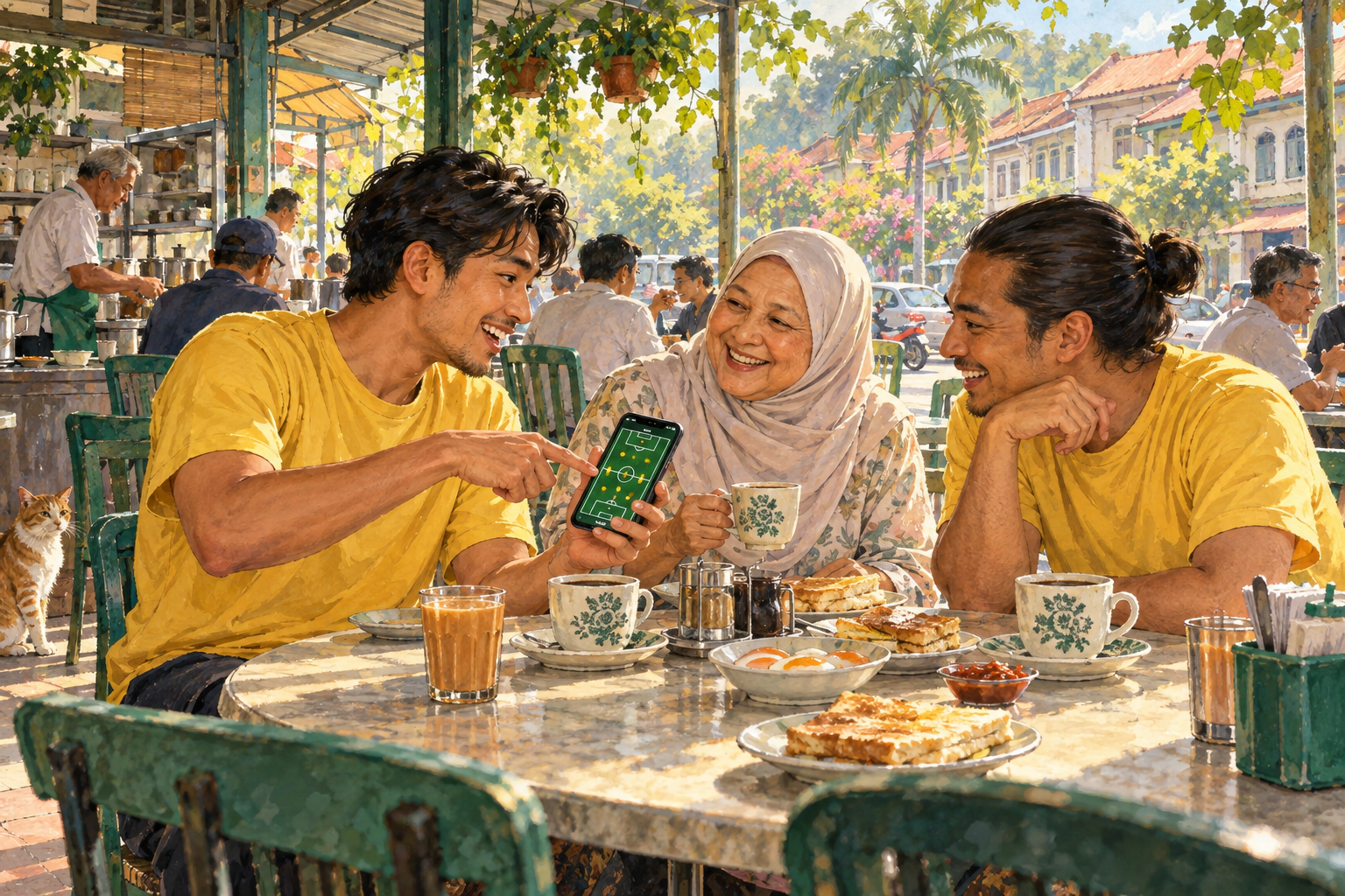 Ilustrasi konsep penyokong Malaysia menikmati berita bola sepak di kedai makan; bukan foto perlawanan atau individu sebenar. · AI-generated editorial illustration.