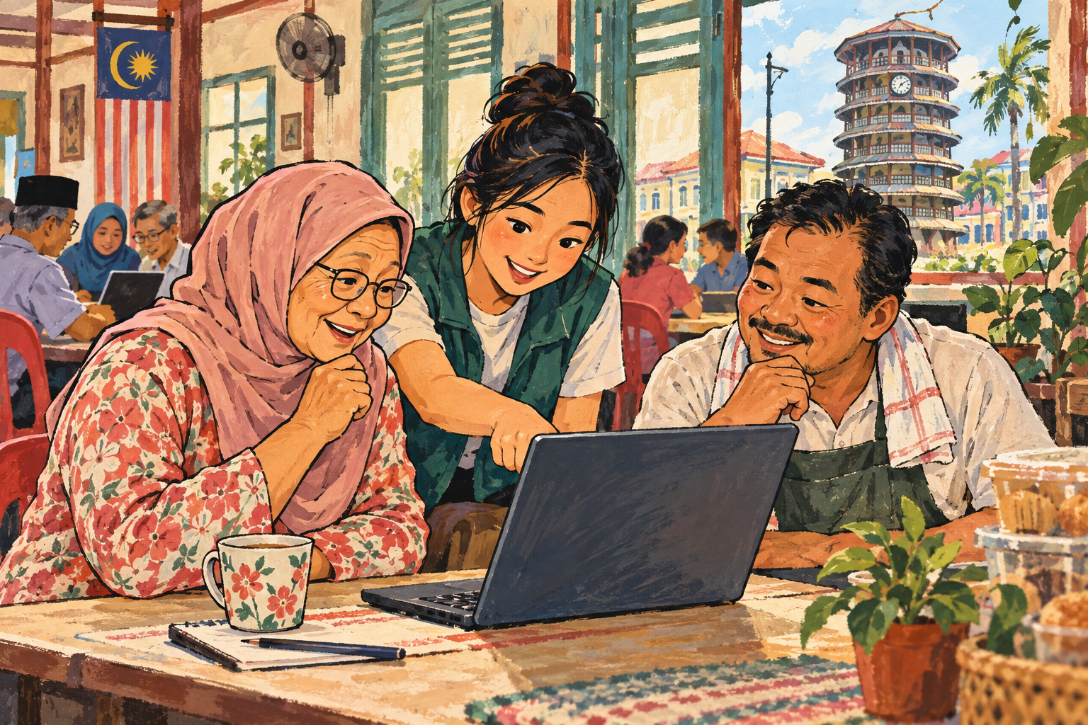 Ilustrasi editorial konseptual penduduk Teluk Intan belajar keselamatan digital di dewan komuniti; watak dilukis, bukan orang sebenar. · AI-generated editorial illustration.