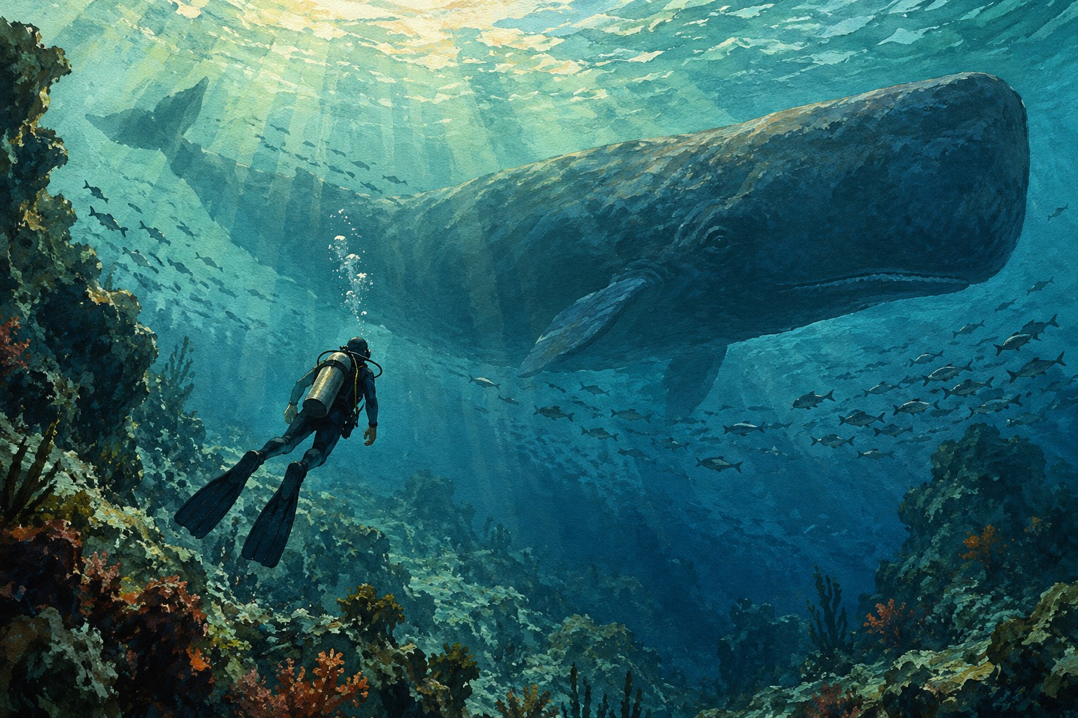 Conceptual illustration inspired by Whalefall’s fictional underwater premise. · AI-generated editorial illustration.