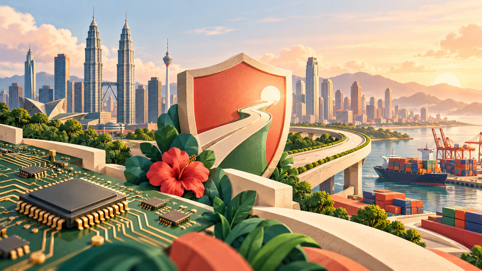 Conceptual editorial illustration of Malaysia’s economy, electronics exports and a steady path ahead. · AI-generated editorial illustration.
