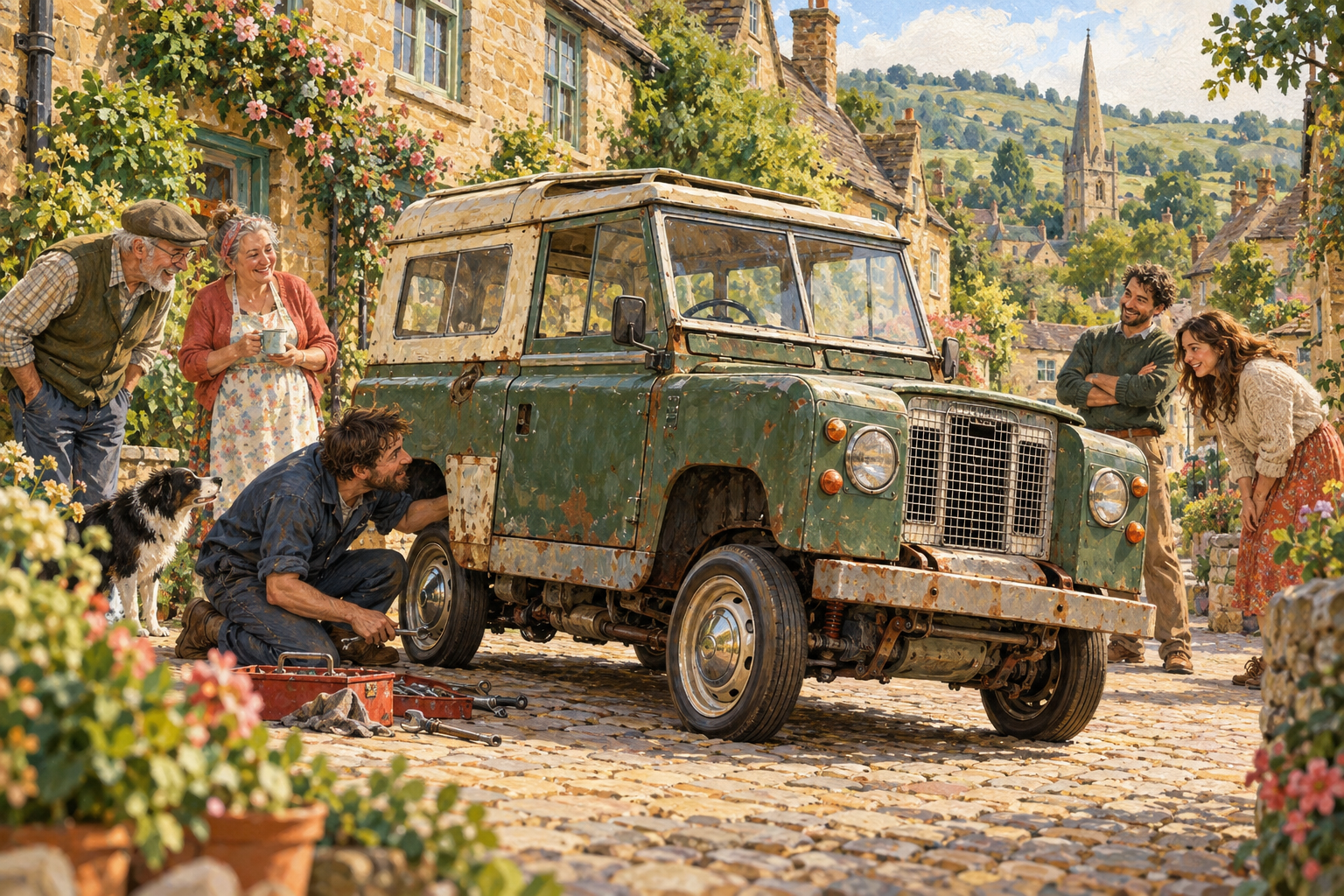 AI-generated conceptual painting of a low-slung vintage off-road silhouette on a British street; not a photograph or exact depiction of the listed vehicle. · AI-generated editorial illustration.