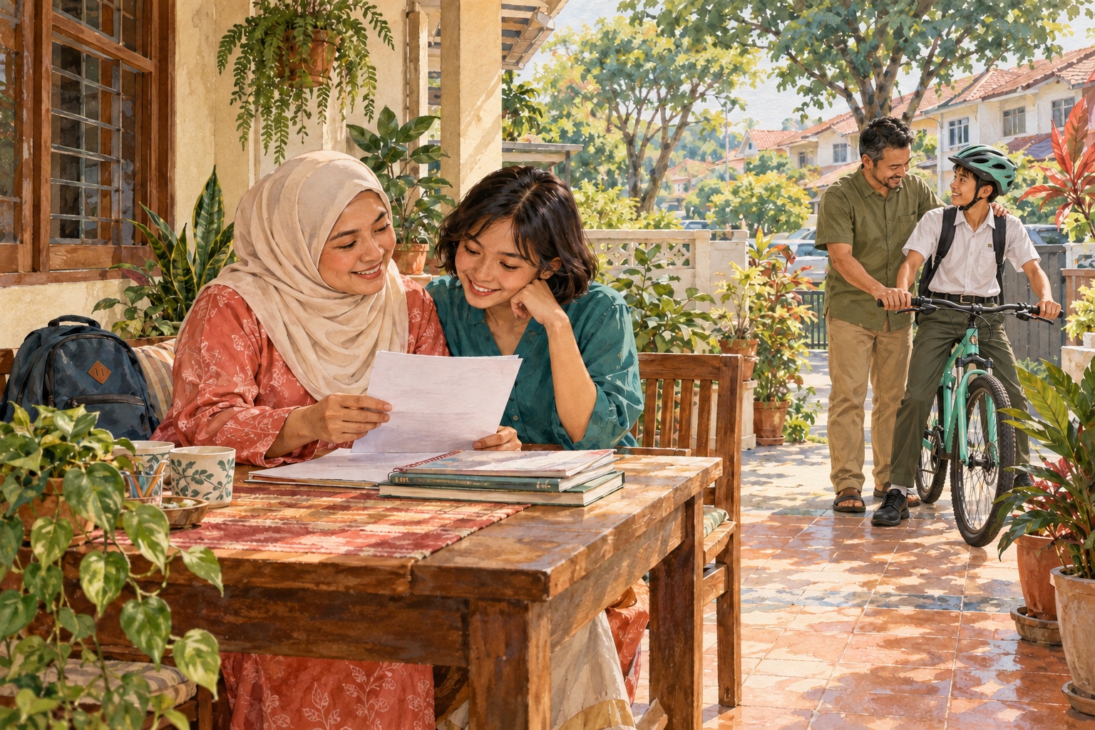 Ilustrasi editorial janaan AI tentang keluarga merancang pendidikan dan keperluan persekolahan di Sungai Buloh. Watak rekaan; bukan foto penerima bantuan atau majlis penyerahan.
