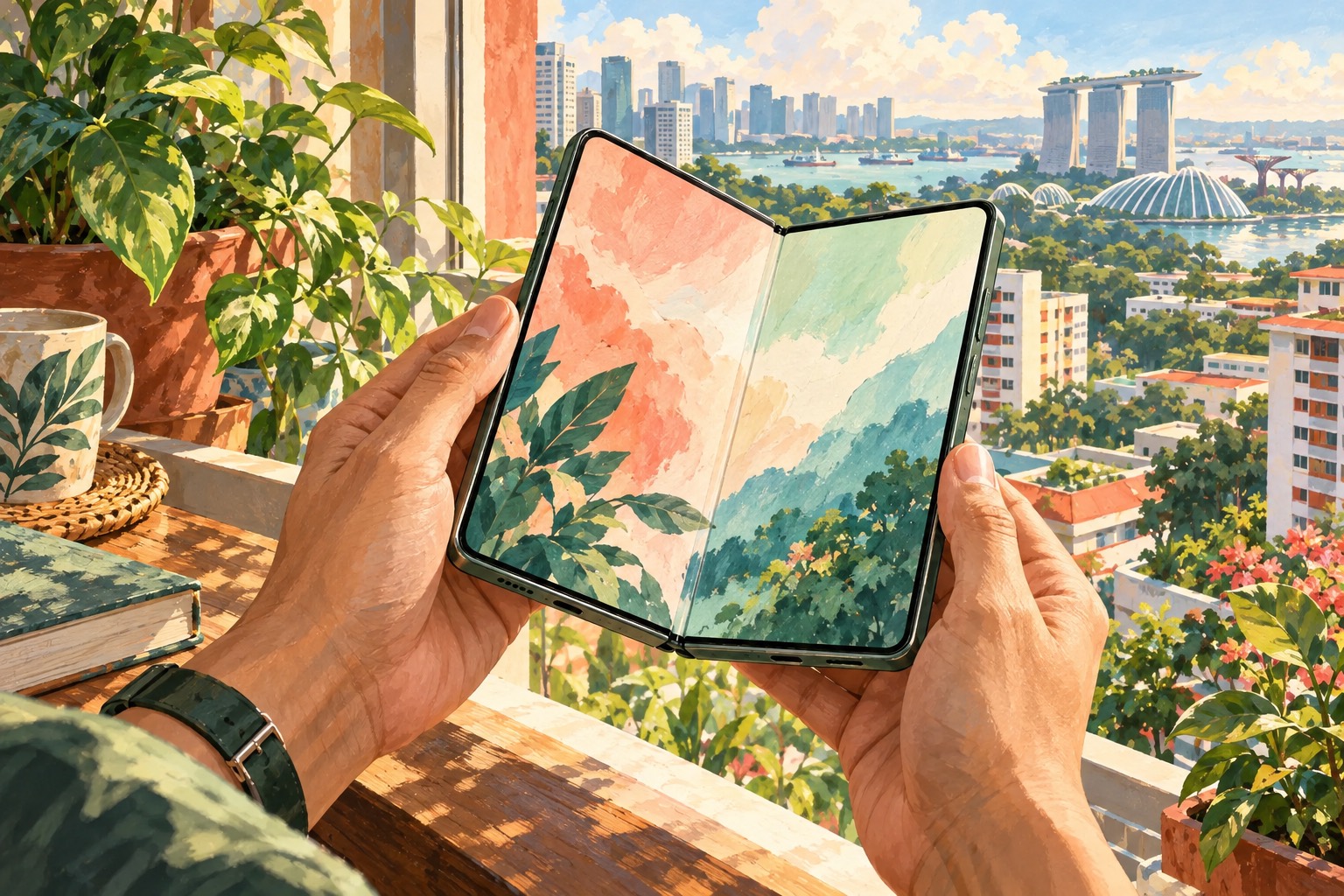 Conceptual editorial illustration of An intimate diagonal close view of a book-style folding smartphone held open by two natural adult hands beside a sunny Singapore apartment window, inner display showing two softly painted abstract colour panes, no words or logo. · AI-generated editorial illustration.
