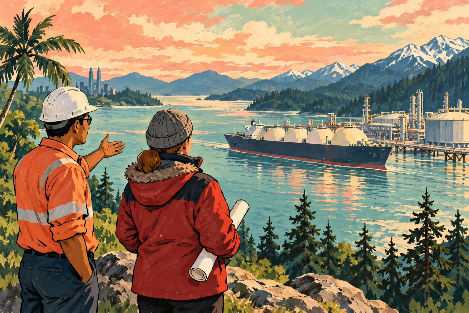 Conceptual editorial illustration of a Malaysian energy partnership and a Canadian coastal LNG project, without depicting an actual facility. · AI-generated editorial illustration.