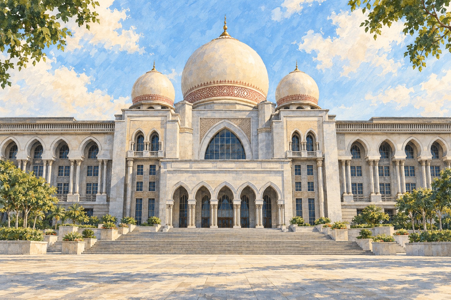 A conceptual painted view of the Palace of Justice (Istana Kehakiman), Putrajaya. · AI-generated editorial illustration.