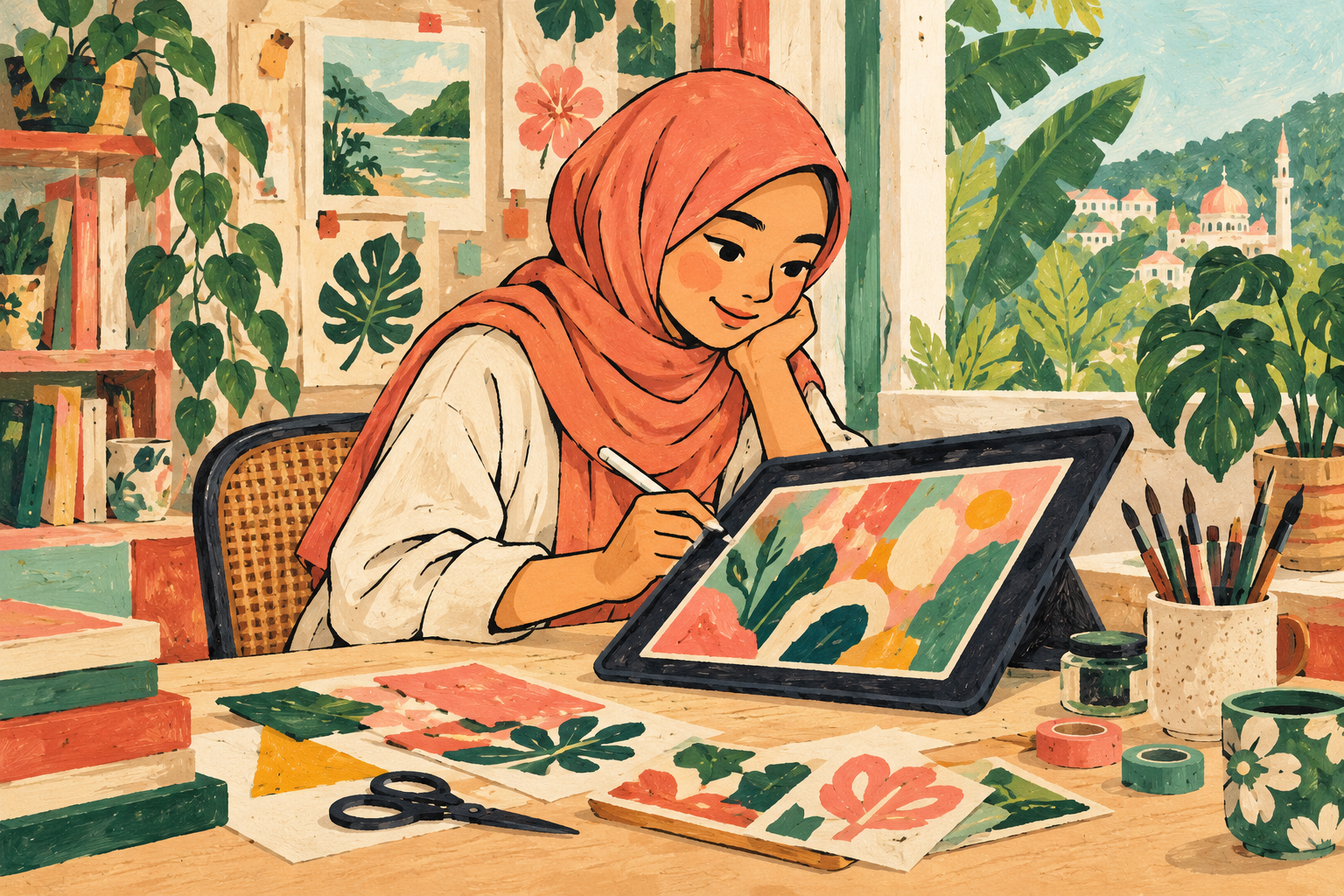 Ilustrasi editorial konseptual tablet dan stylus di meja kreatif, dengan skrin berlapis tanpa logo atau antara muka sebenar. · AI-generated editorial illustration.