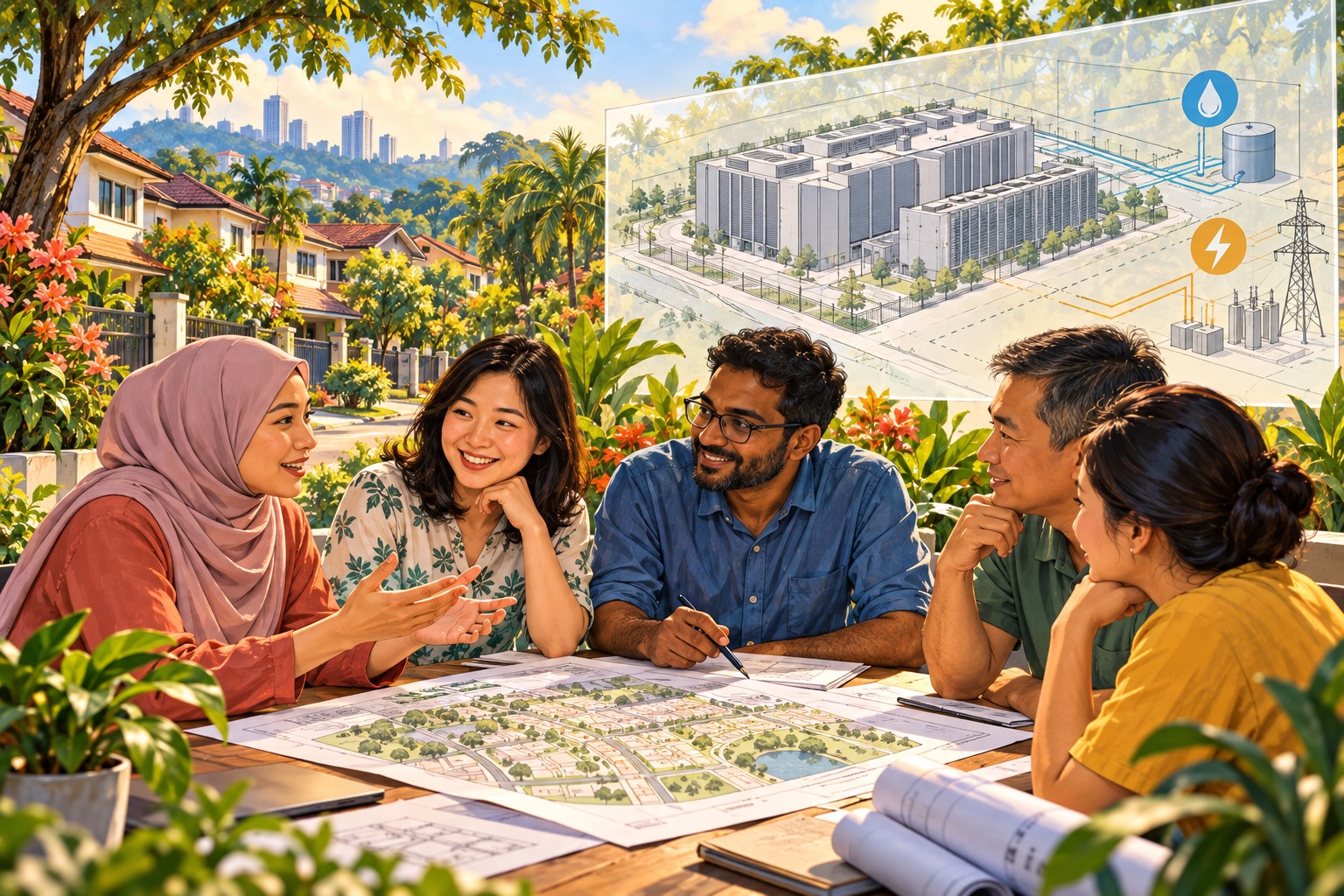 AI-generated editorial illustration of Malaysian residents discussing neighbourhood plans, with a conceptual data-centre proposal and water and electricity symbols in the background. This does not depict an actual meeting or the site design. · AI-generated editorial illustration.