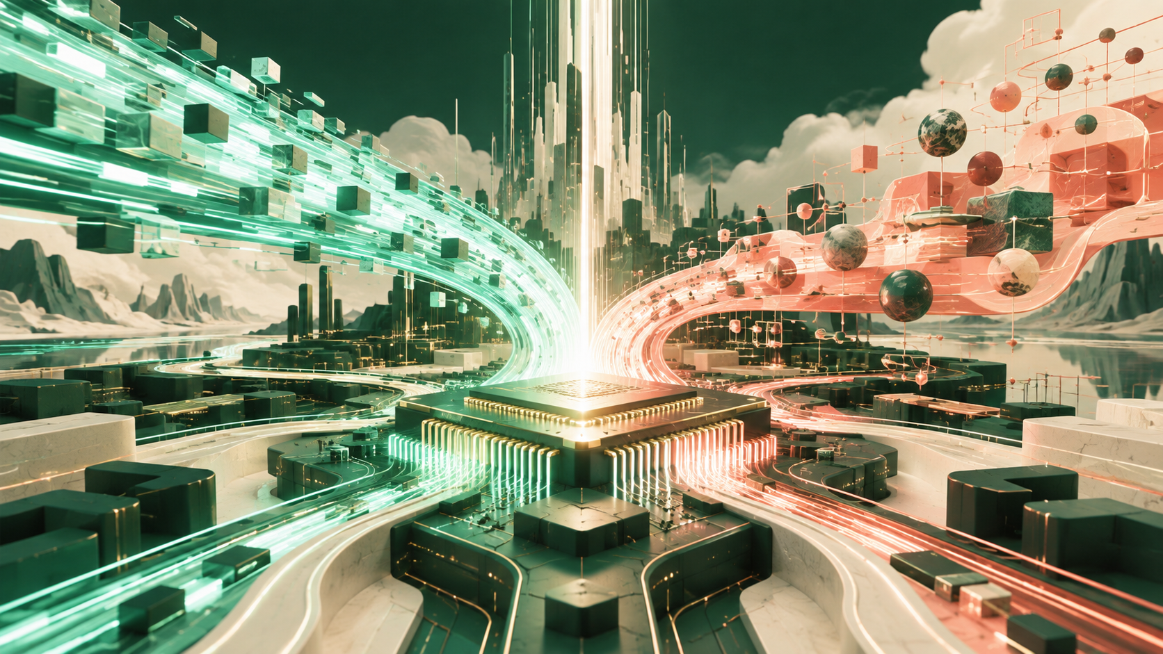 AI-generated conceptual editorial illustration of two paths through a luminous computing landscape. · AI-generated editorial illustration.
