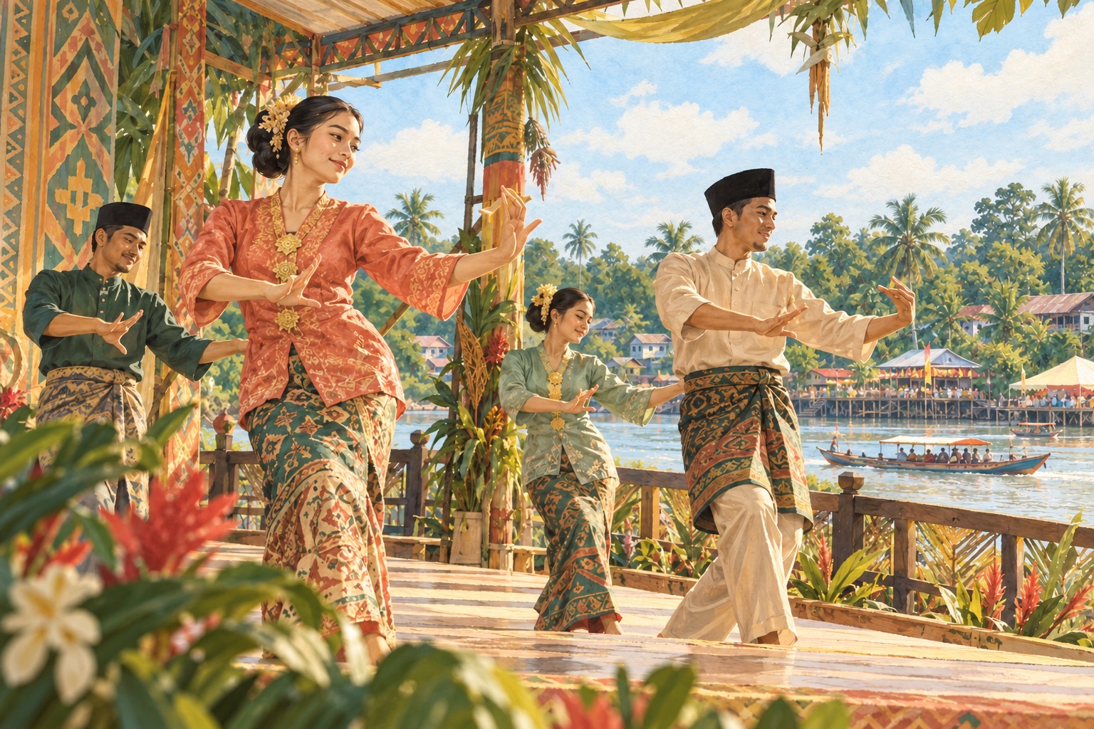 Ilustrasi konsep persembahan budaya Melayu Sarawak di tebing sungai; bukan rakaman pertandingan sebenar. · AI-generated editorial illustration.
