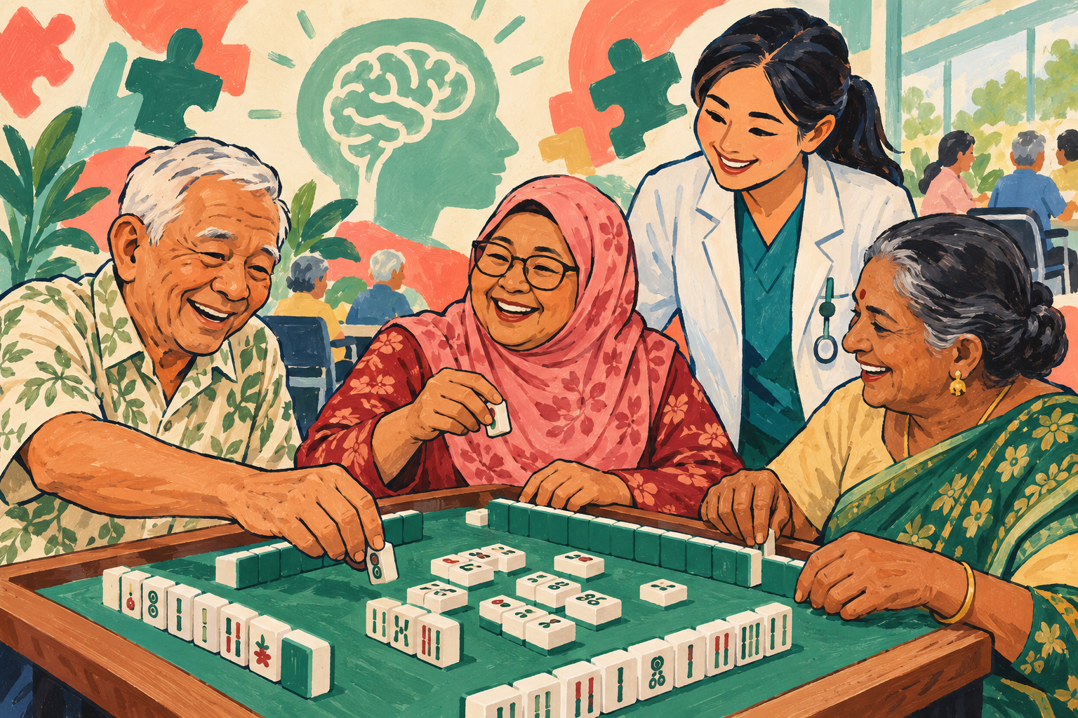 Ilustrasi editorial konseptual meja mahjong dan perbincangan mesra tentang kesihatan otak; bukan foto program sebenar. · AI-generated editorial illustration.
