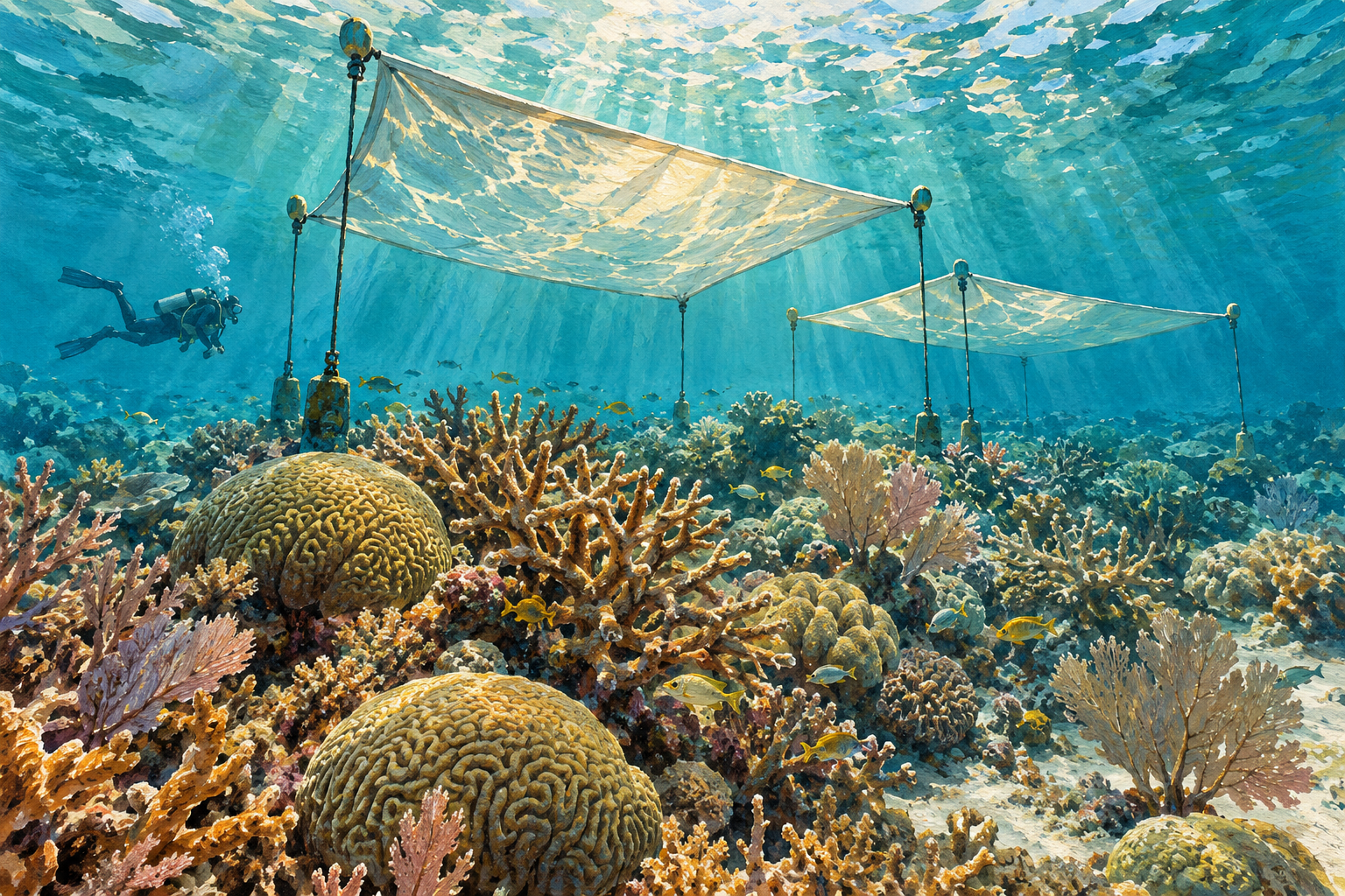 Conceptual painted underwater scene of shade structures above coral colonies; not a photograph of the study site. · AI-generated editorial illustration.