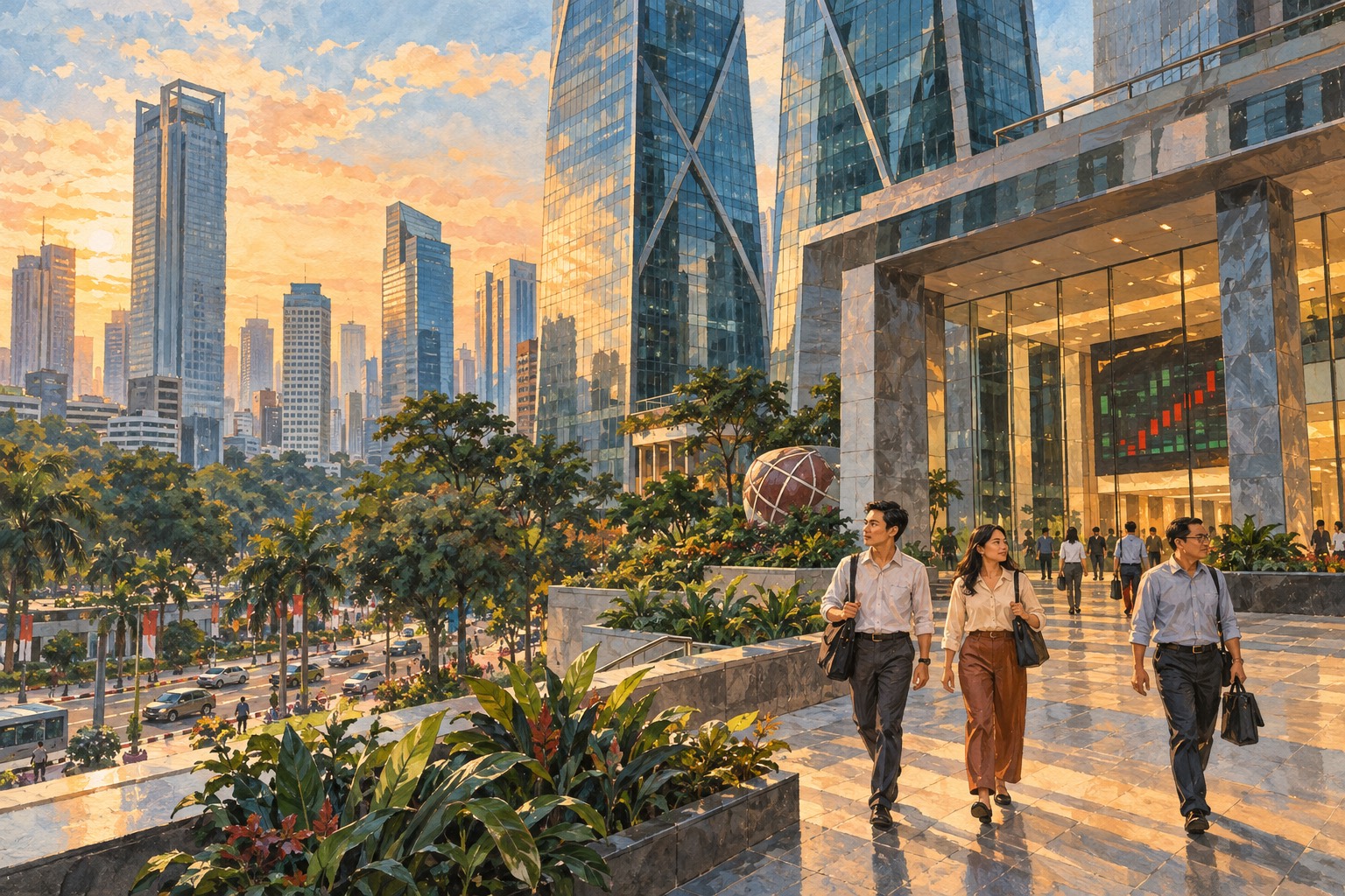 Conceptual illustration of Jakarta’s financial district amid uncertainty over MSCI’s proposed reclassification. · AI-generated editorial illustration.