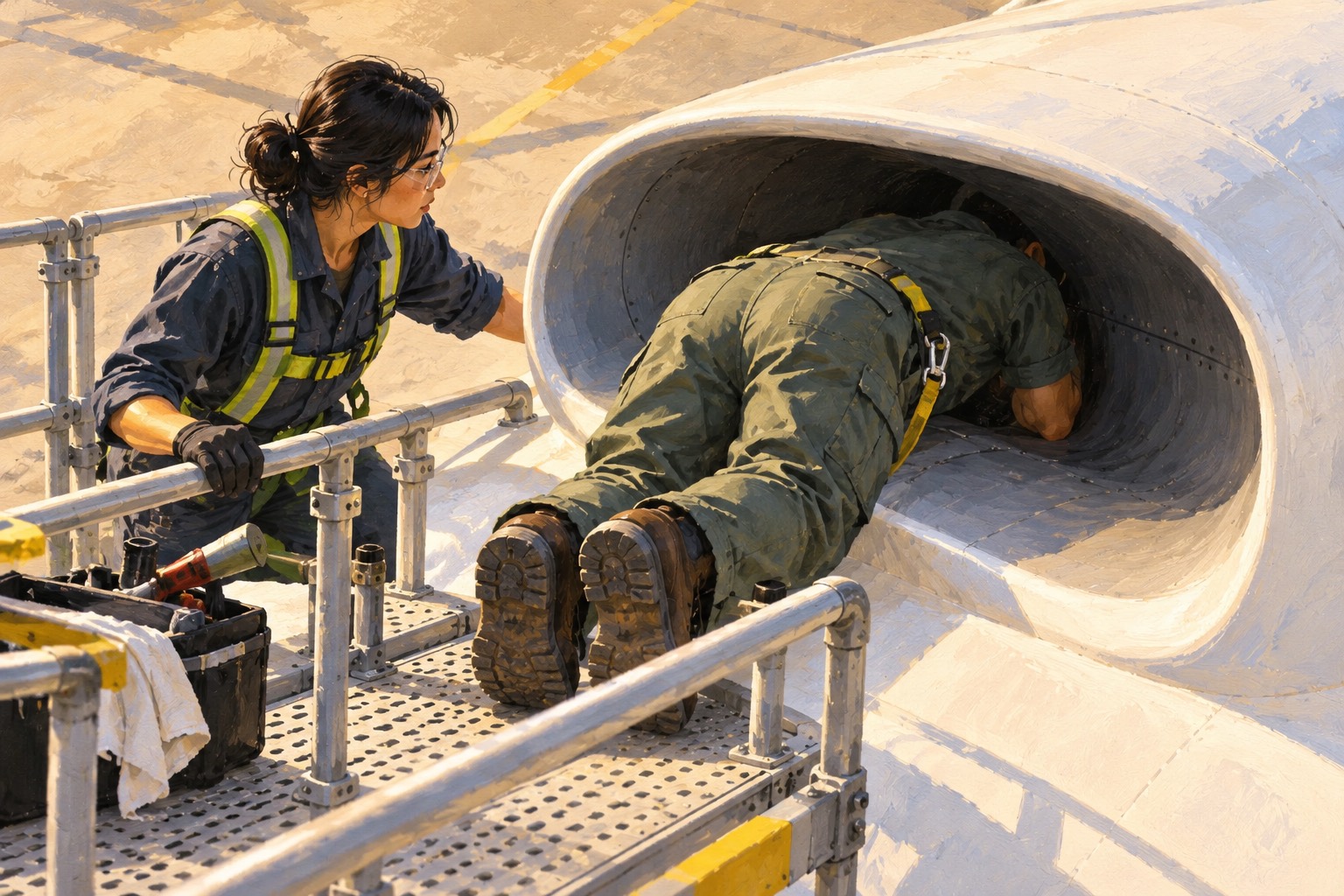 Conceptual ground inspection of an experimental jet inlet by a mechanic and spotter. · AI-generated editorial illustration.
