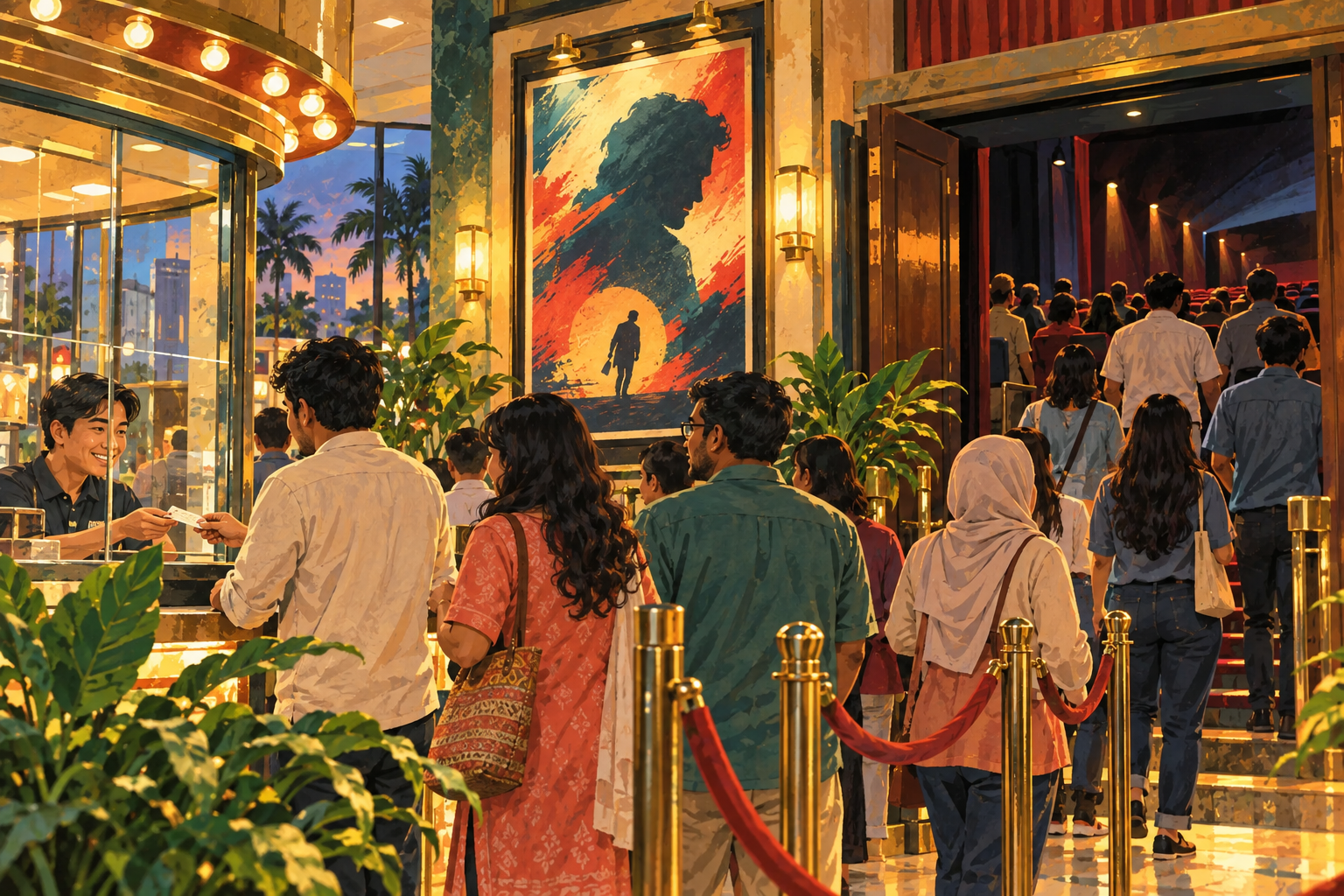 AI-generated painted editorial cinema scene with an anonymous audience; not a Drishyam film still or a portrait of its cast. · AI-generated editorial illustration.