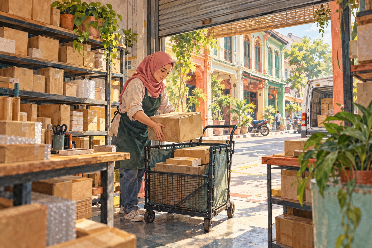 Conceptual painted scene of a small Malaysian seller preparing parcels; no actual business or participant is depicted. · AI-generated editorial illustration.