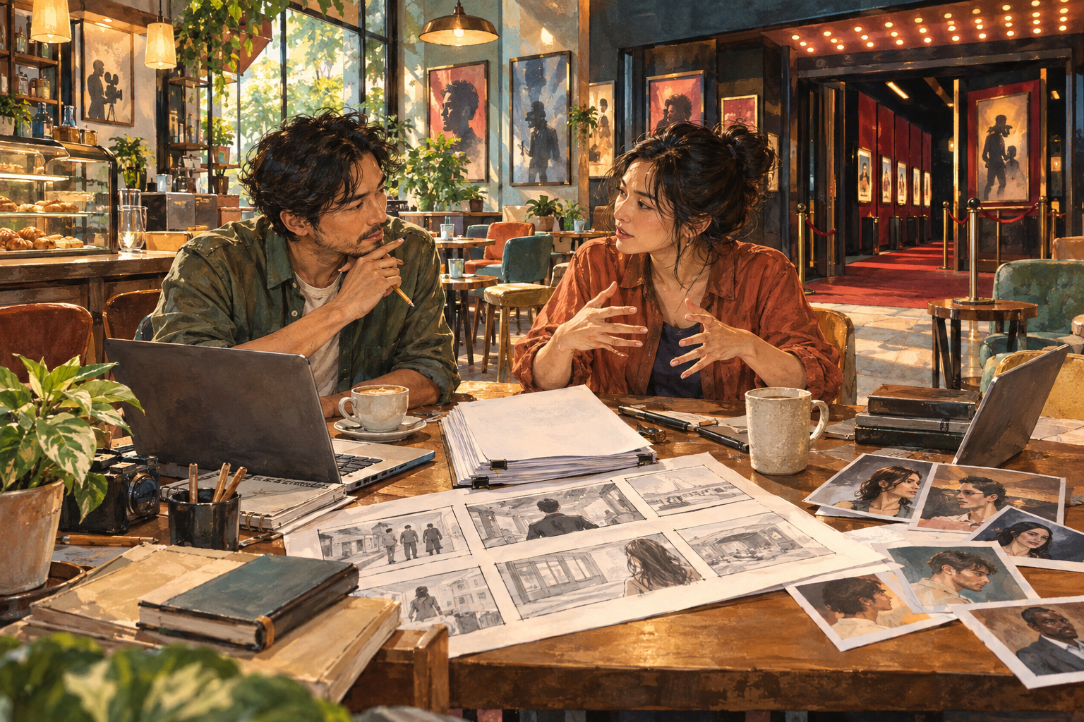 AI-generated conceptual illustration of two filmmakers discussing a script in a warm cinema lobby; no likenesses of real actors or directors. · AI-generated editorial illustration.