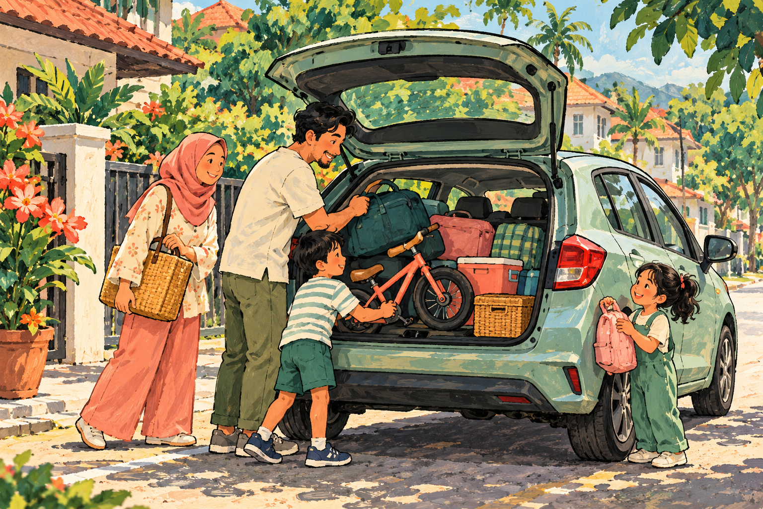 Original painted editorial view of a compact Malaysian city hatchback on a neighbourhood street; not an official Honda render. · AI-generated editorial illustration.