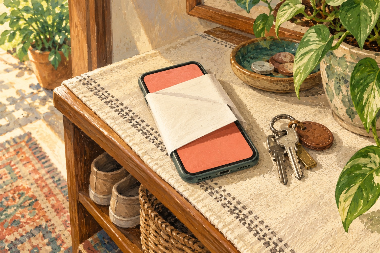 Conceptual editorial illustration of An overhead close view of an unbranded smartphone lying on a cream fabric-lined entryway shelf beside ordinary keys, its painted screen showing a simple blank coral panel partly covered by a real folded opaque paper sleeve. · AI-generated editorial illustration.
