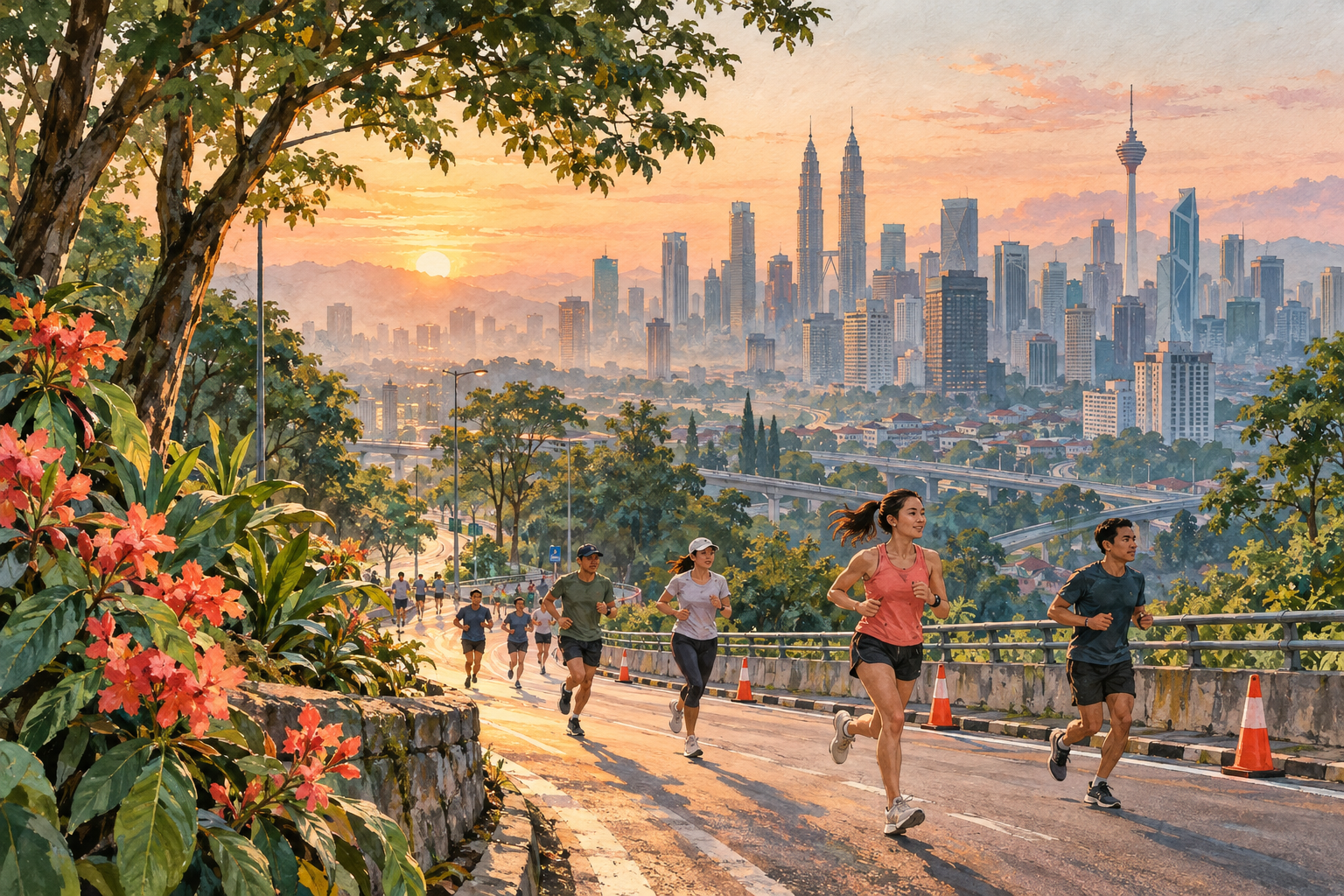 Ilustrasi editorial konseptual pelari di jalan Kuala Lumpur pada awal pagi; bukan foto acara sebenar. · AI-generated editorial illustration.