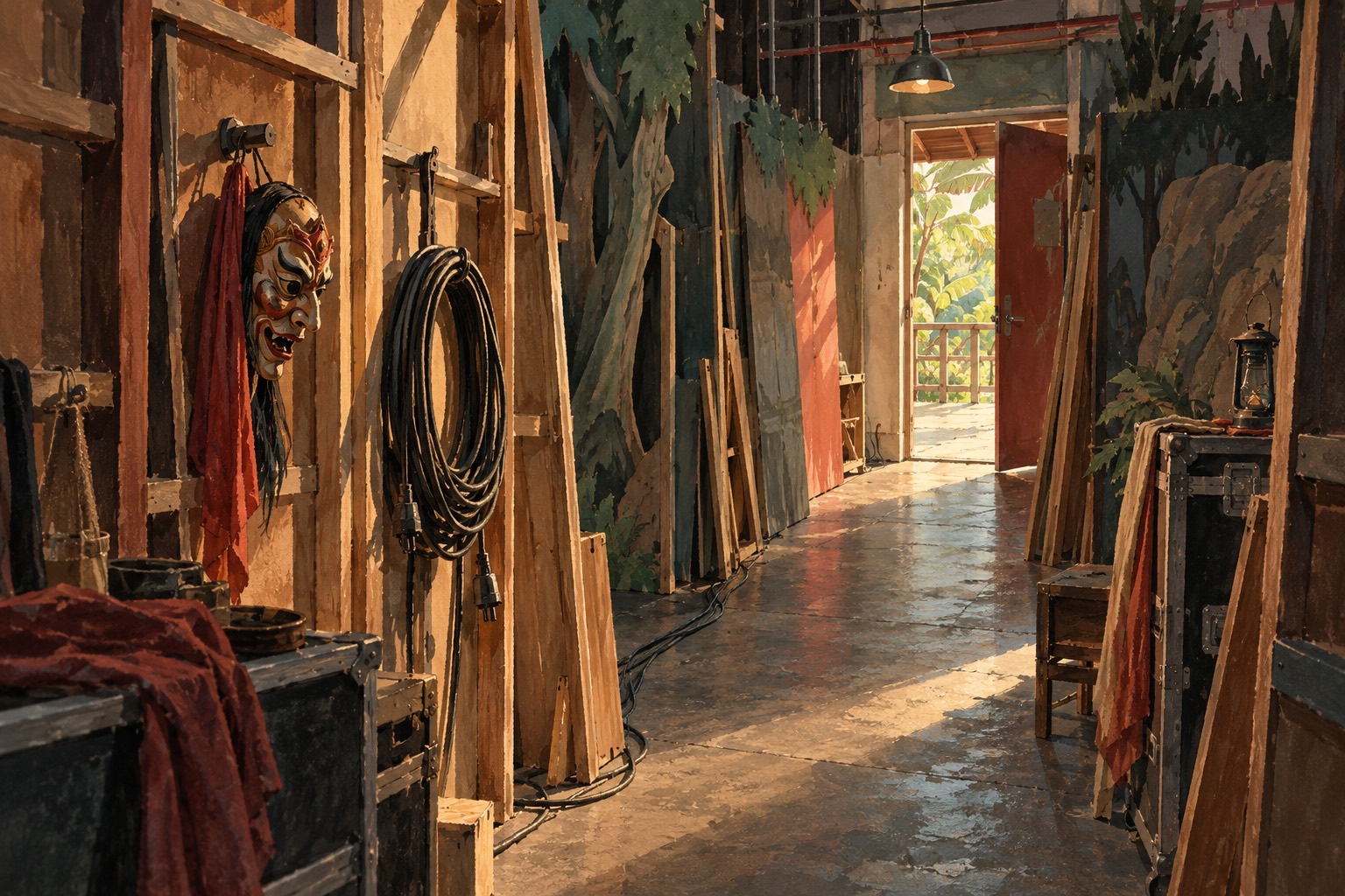 An imagined haunted-attraction backstage corridor, not a still from Slayground. · AI-generated editorial illustration.