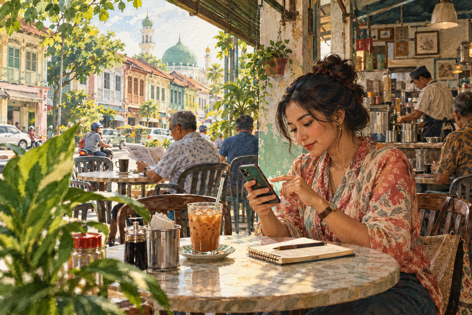 Conceptual painted scene of a person selecting part of a phone message; the screen contains no real private information. · AI-generated editorial illustration.