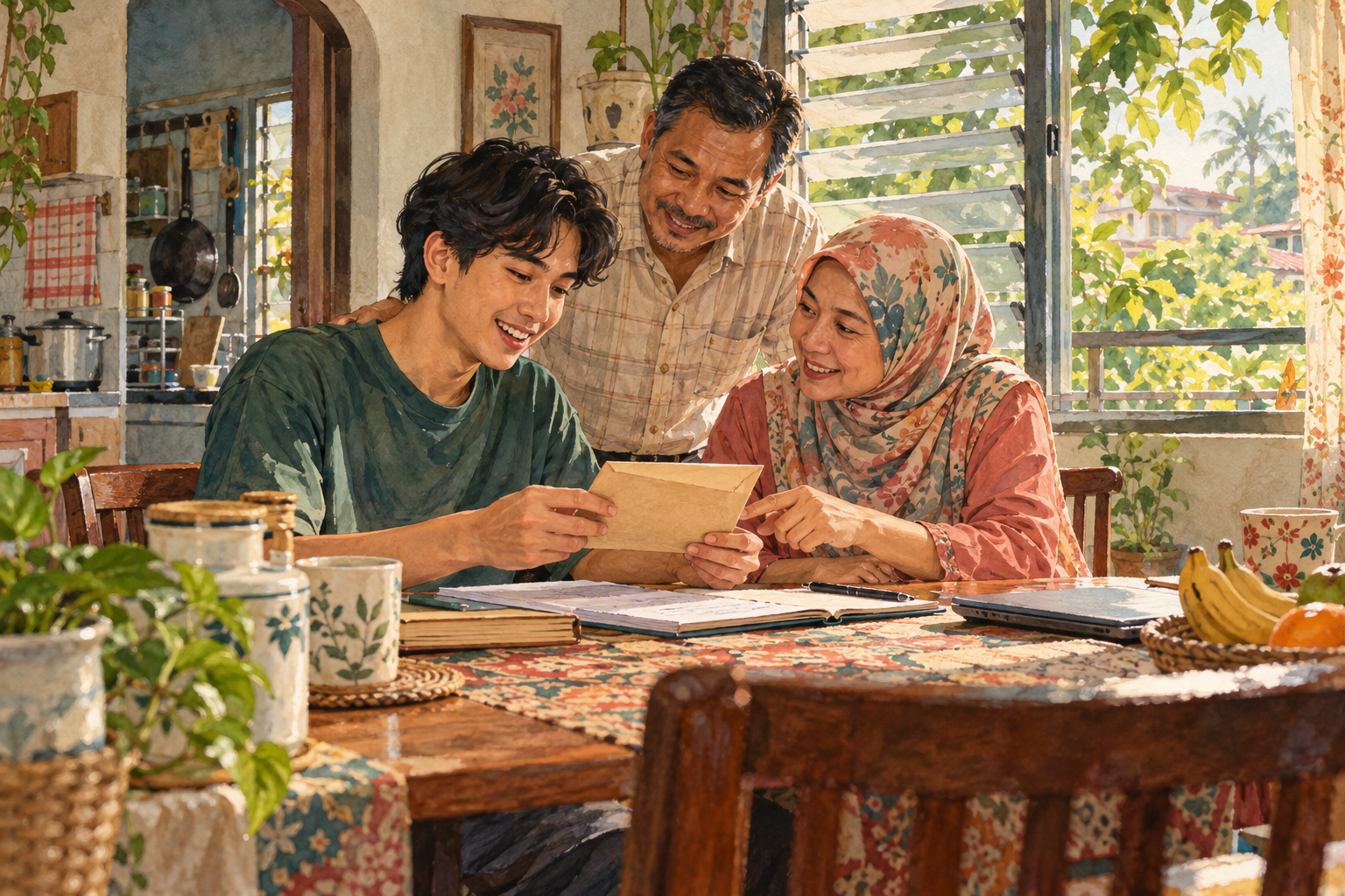 Ilustrasi editorial AI keluarga Selangor menyemak dokumen simpanan; bukan gambar penerima sebenar. · AI-generated editorial illustration.