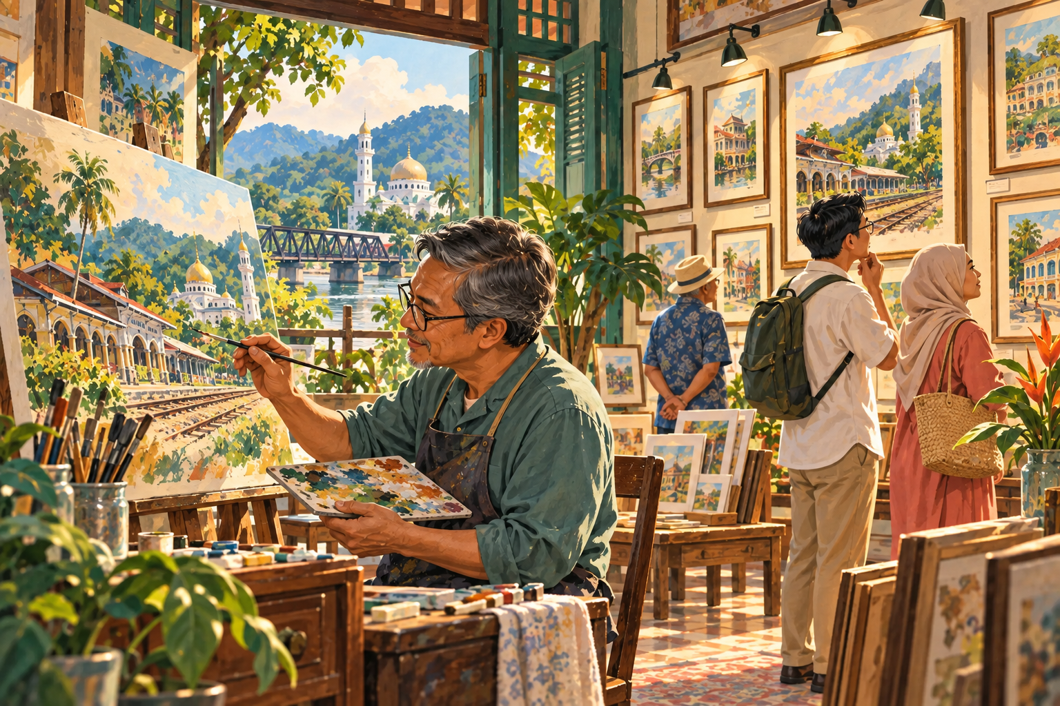 Ilustrasi editorial AI pelukis dan pengunjung melihat karya bandar Kuala Kangsar; bukan foto pameran. · AI-generated editorial illustration.