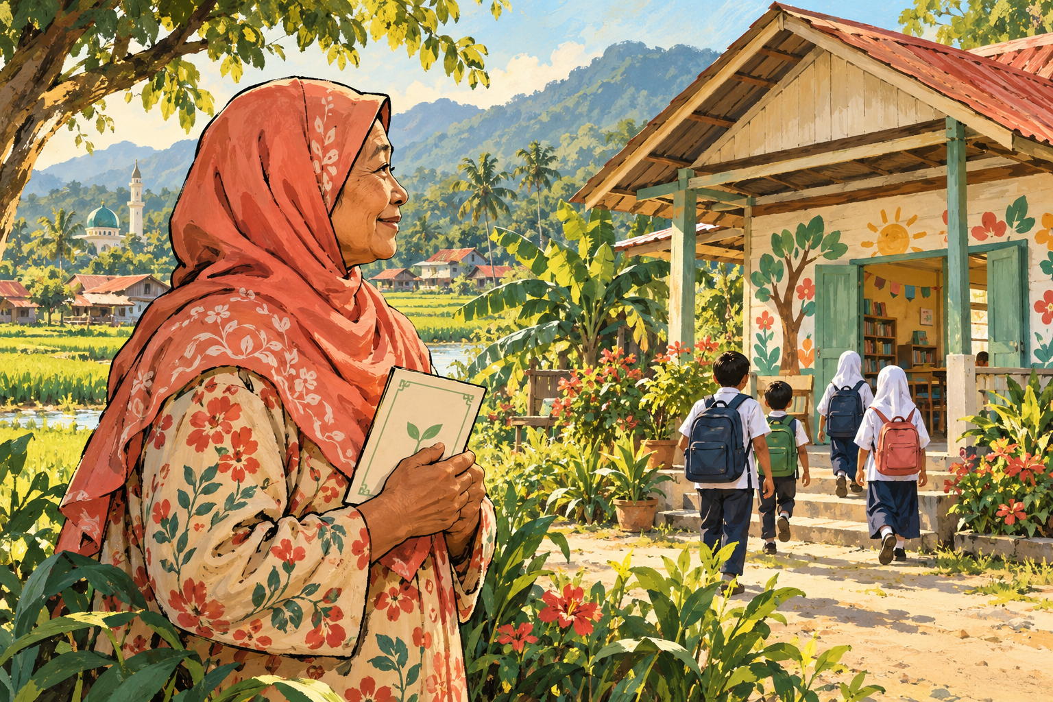 Ilustrasi editorial konseptual tentang hasrat membina ruang belajar di Kampung Alor Senibong; pusat yang digambar bukan bangunan sebenar. · AI-generated editorial illustration.