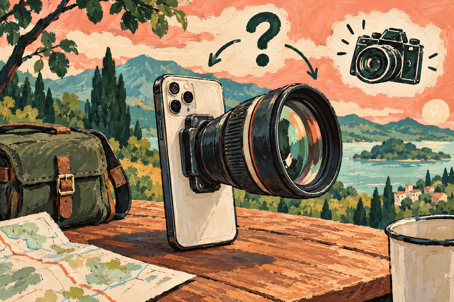 Ilustrasi editorial konseptual telefon dengan modul kamera boleh tanggal yang besar; bukan render rasmi Huawei. · AI-generated editorial illustration.