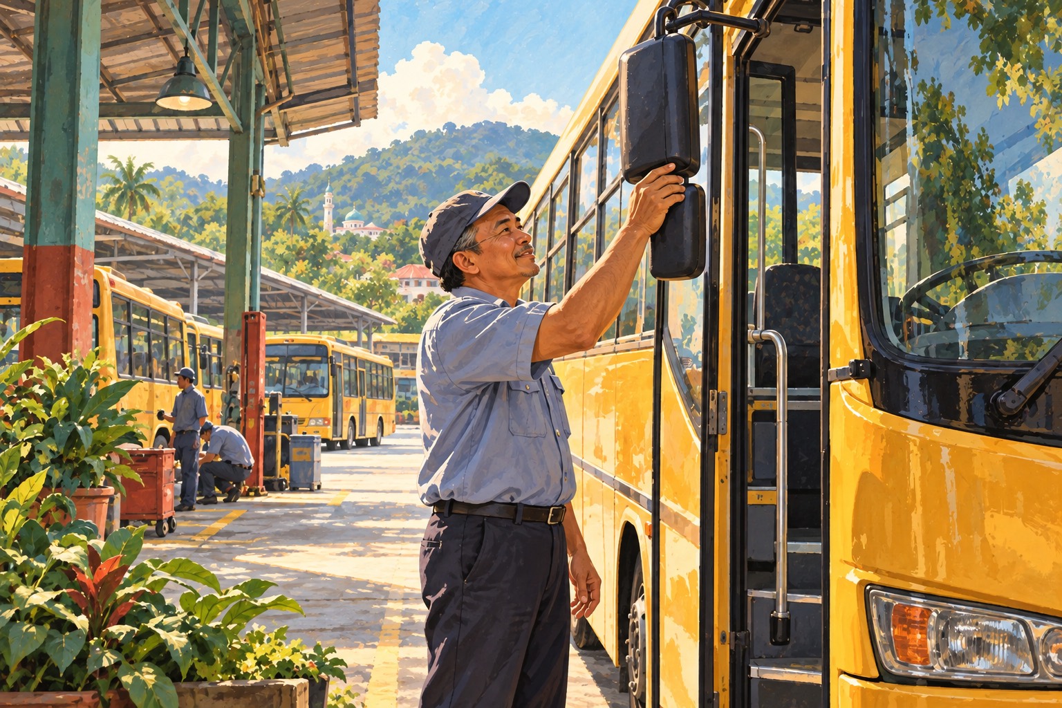 Conceptual editorial illustration of Eye-level bus-depot view of a Malaysian adult school-bus driver standing beside the open entry of a parked yellow school bus, checking the exterior side mirror by hand. · AI-generated editorial illustration.