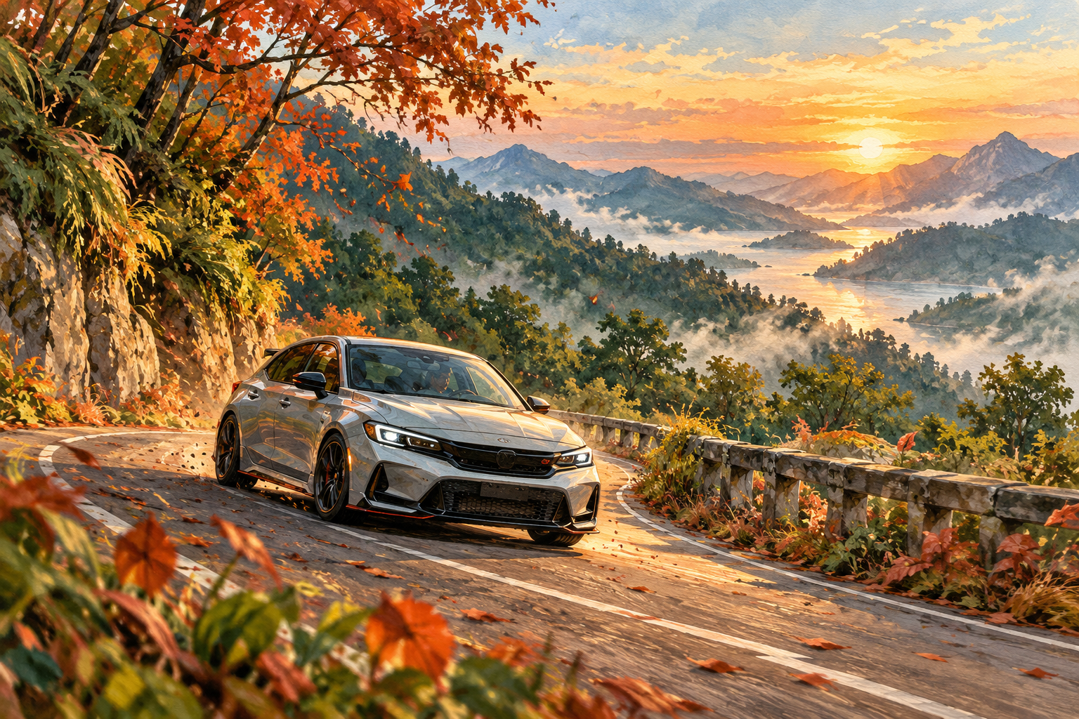 Conceptual painted editorial scene of a spirited manual hot hatch on a winding road; not a photo or precise depiction of Honda's 2027 model. · AI-generated editorial illustration.