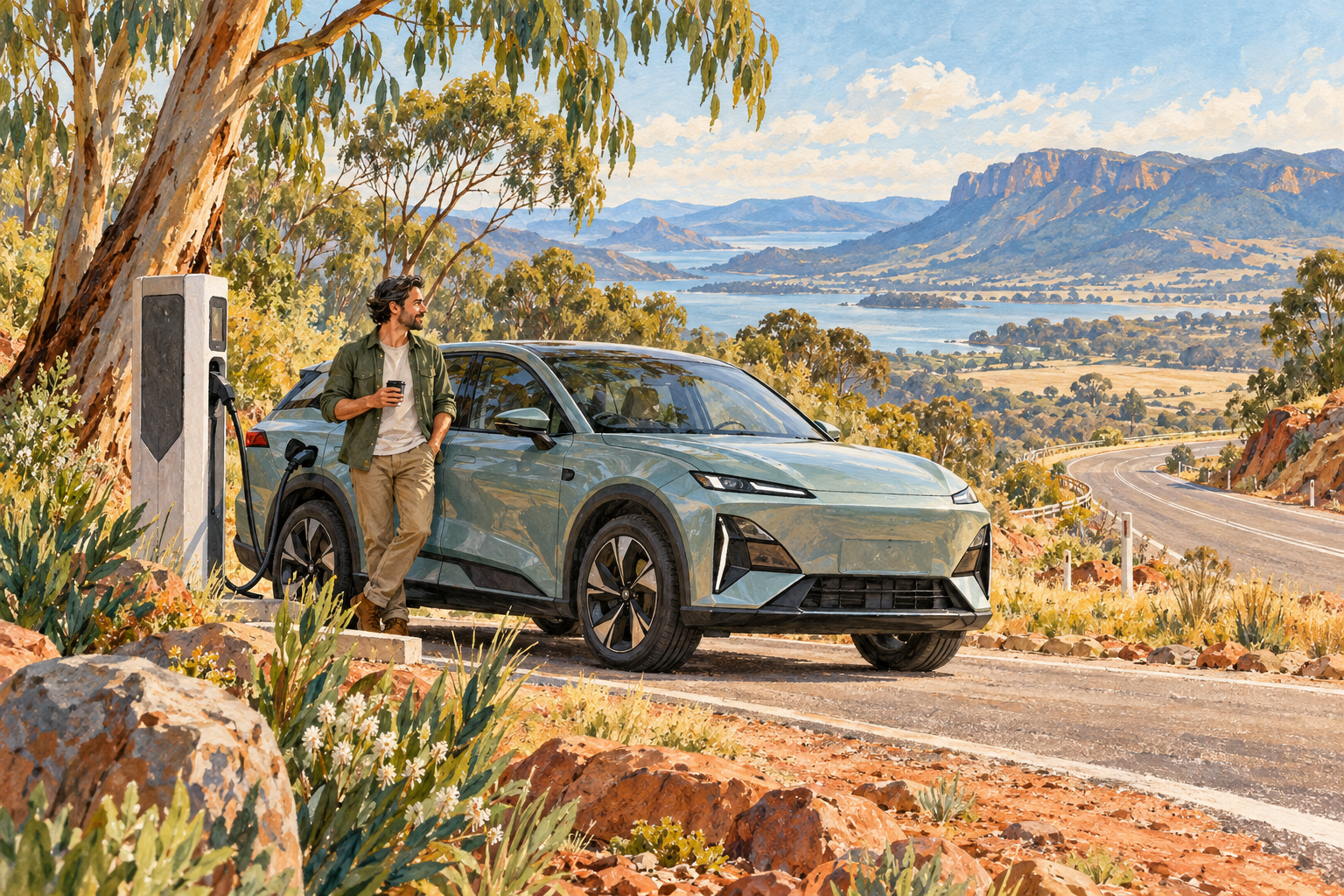 AI-generated conceptual painted electric SUV charging at a roadside stop; not a Deepal product image or a road-test photograph. · AI-generated editorial illustration.